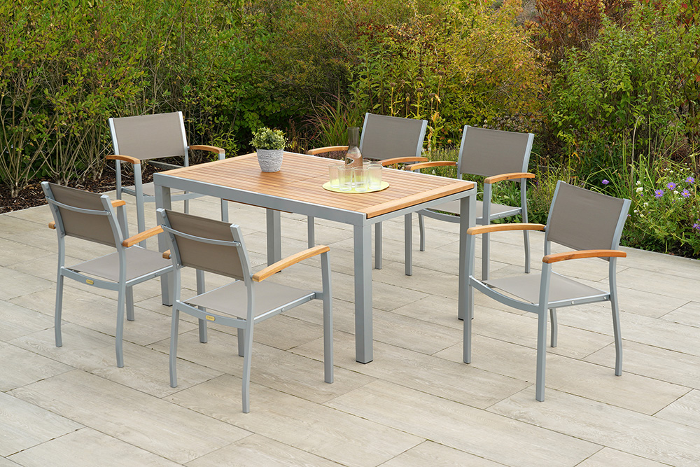 Naxos Set 7tlg., 6 Stapelsessel, Ausziehtisch 150 (200) x 90 cm, silber