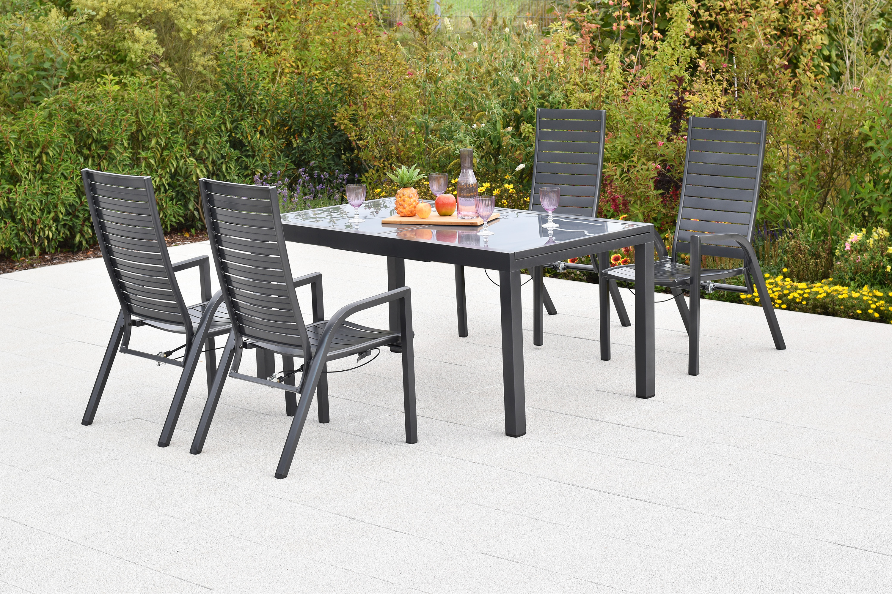 Siros Set, 5tlg., Ausziehtisch, 150/210 x 90 cm, graue Glasplatte Siros Set, 5tlg., Ausziehtisch, 150/210 x 90 cm, graue Glasplatte
