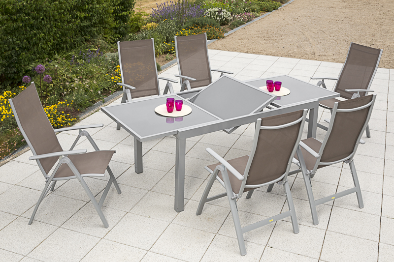 Carrara-Set-7tlg-taupe-6x-26374-325-26452-219-NB-1 Carrara Set 7tlg., 6 Klappsessel, Ausziehtisch 160 (220) x 90 cm, taupe