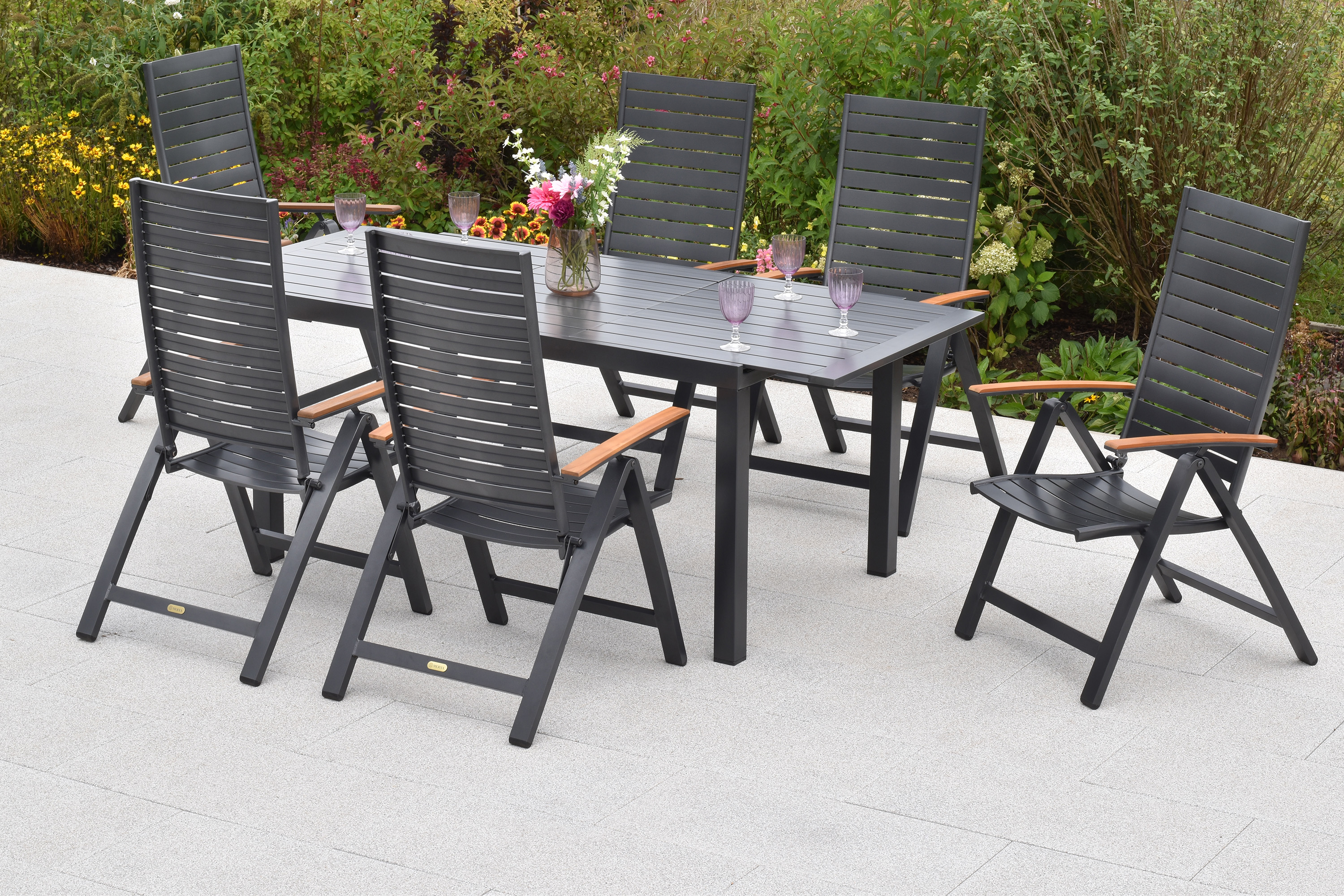 Astros Set, 7tlg., Ausziehtisch, 150/200 x 90 cm, Tischplatte aus Aluminium