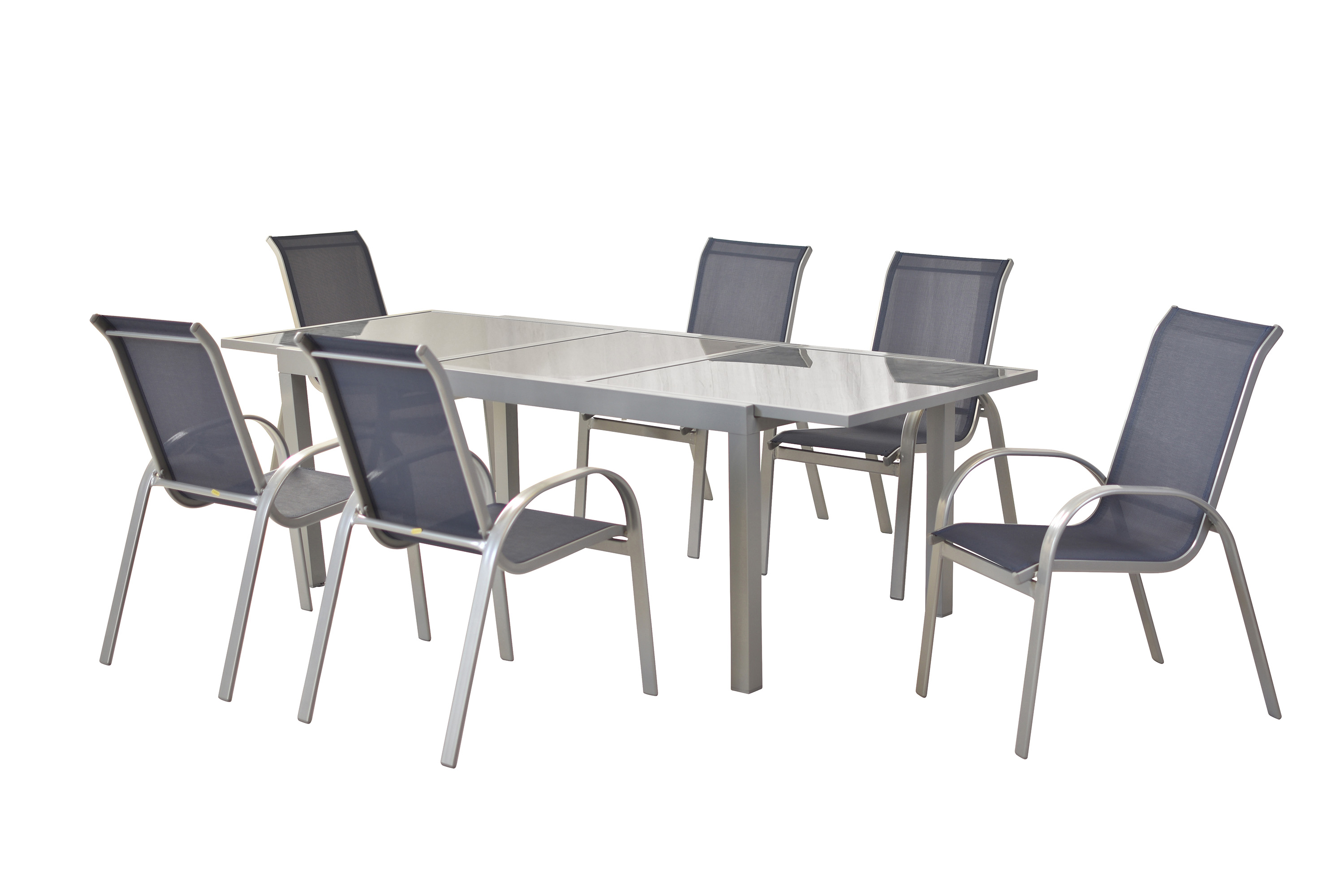 Amalfi Set 7 tlg., 6 Stapelsessel, Auszietisch 160 (220) x 90 cm, marineblau