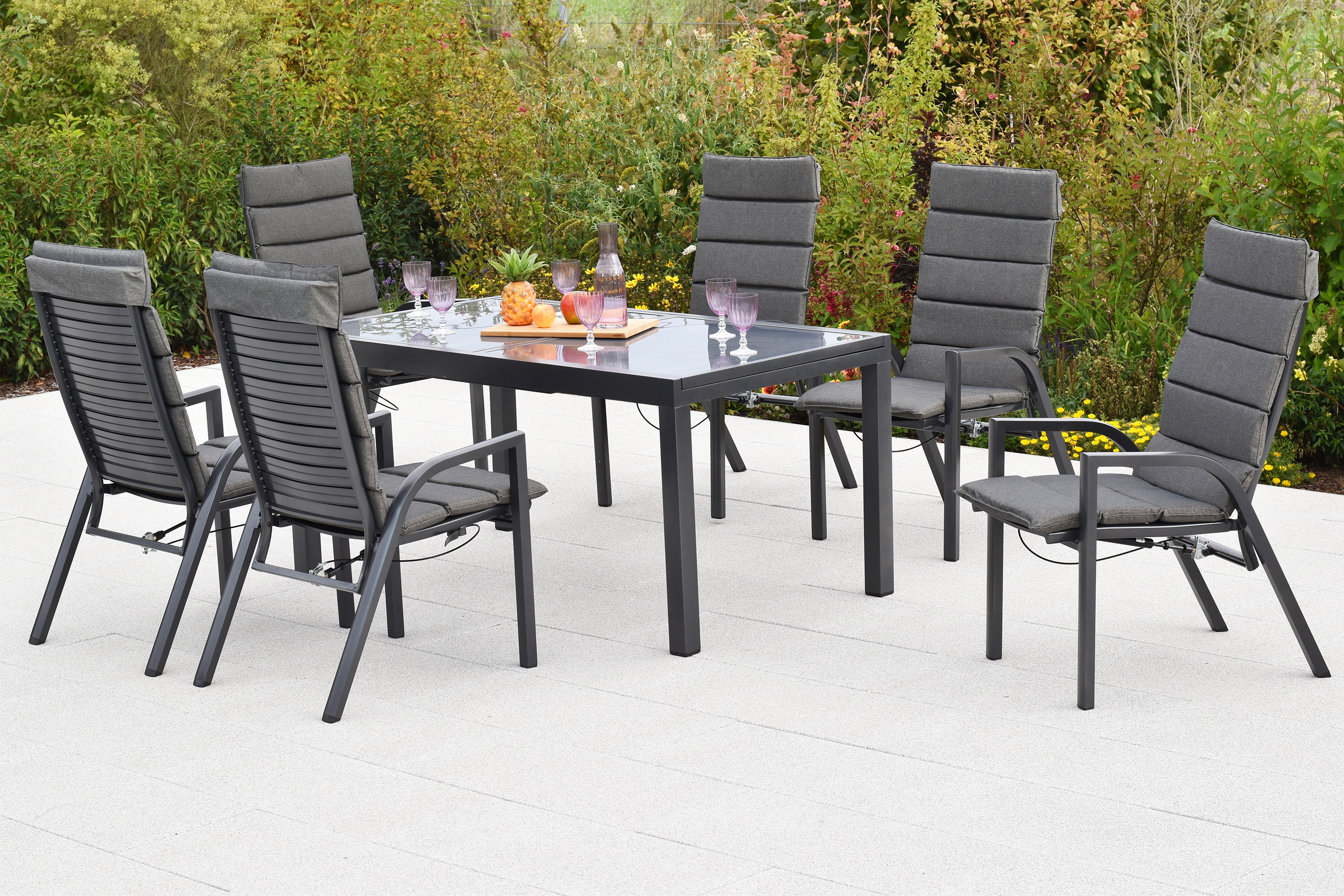Siros Set, 13tlg., Ausziehtisch, 150/210 x 90 cm, graue Glasplatte, inkl. Kissen Siros Set, 13tlg., Ausziehtisch, 150/210 x 90 cm, graue Glasplatte, inkl. Kissen