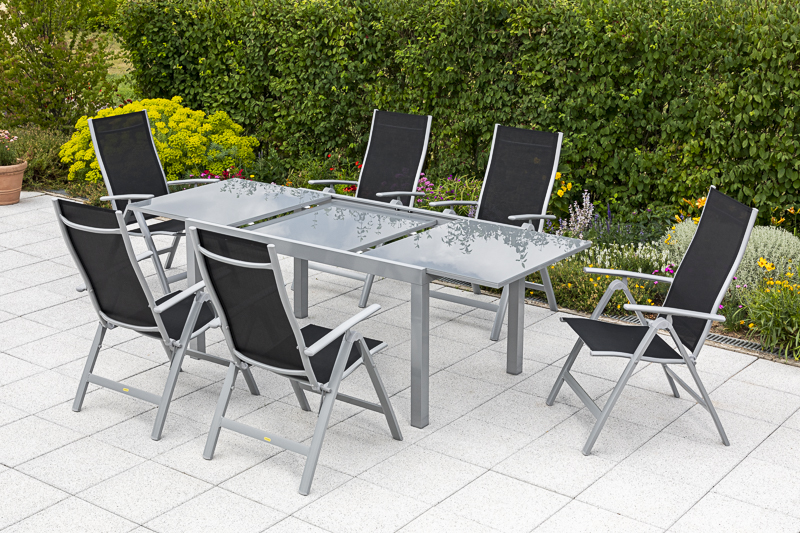 Carrara Set, 7tlg., 6 Klappsessel, Ausziehtisch 150/220 x 90 cm, schwarz