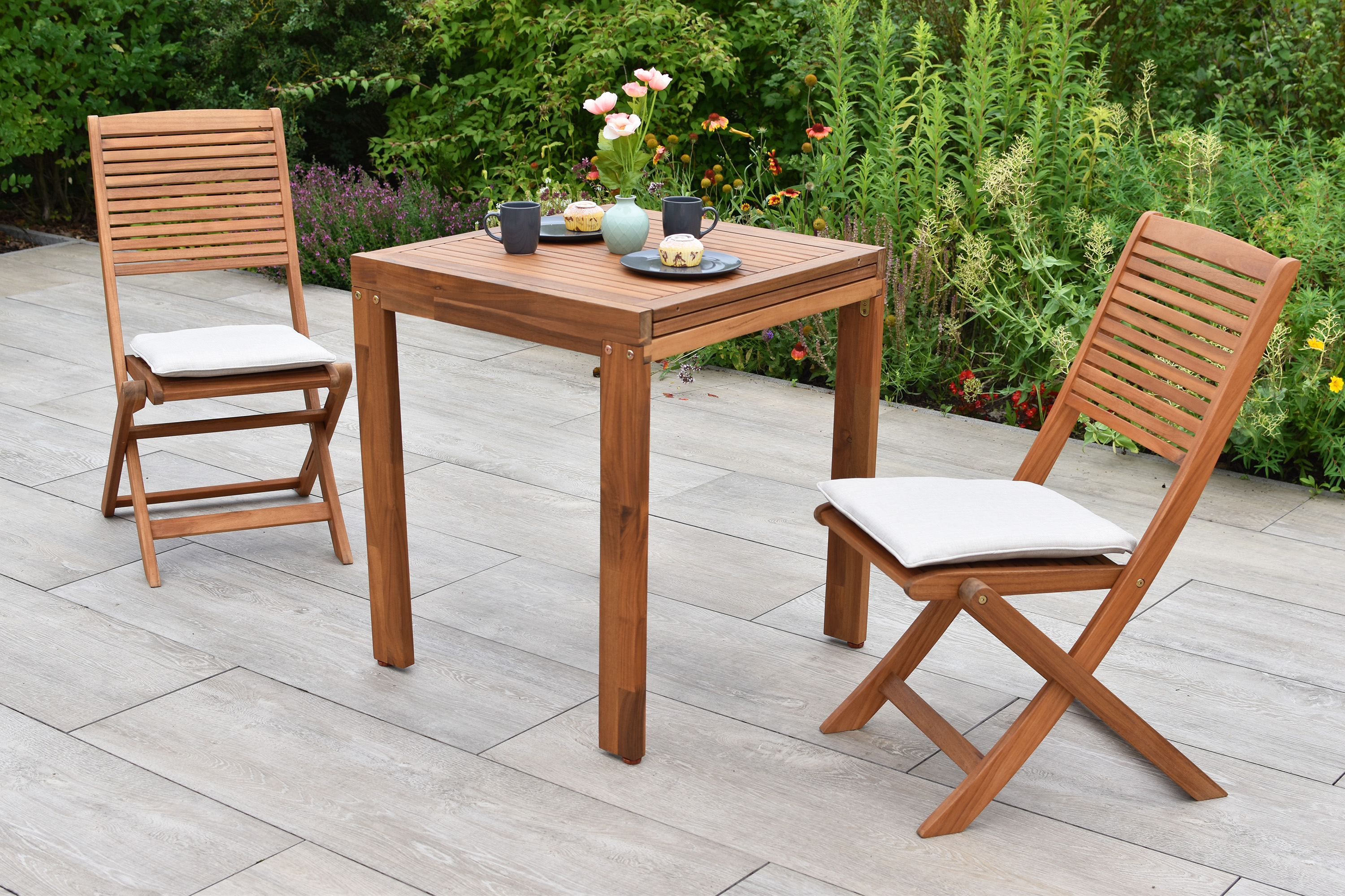 Bali Set 5tlg., 2 Klappstühle, Balkonausziehtisch 65 (130) x 70 cm, inkl. Kissen