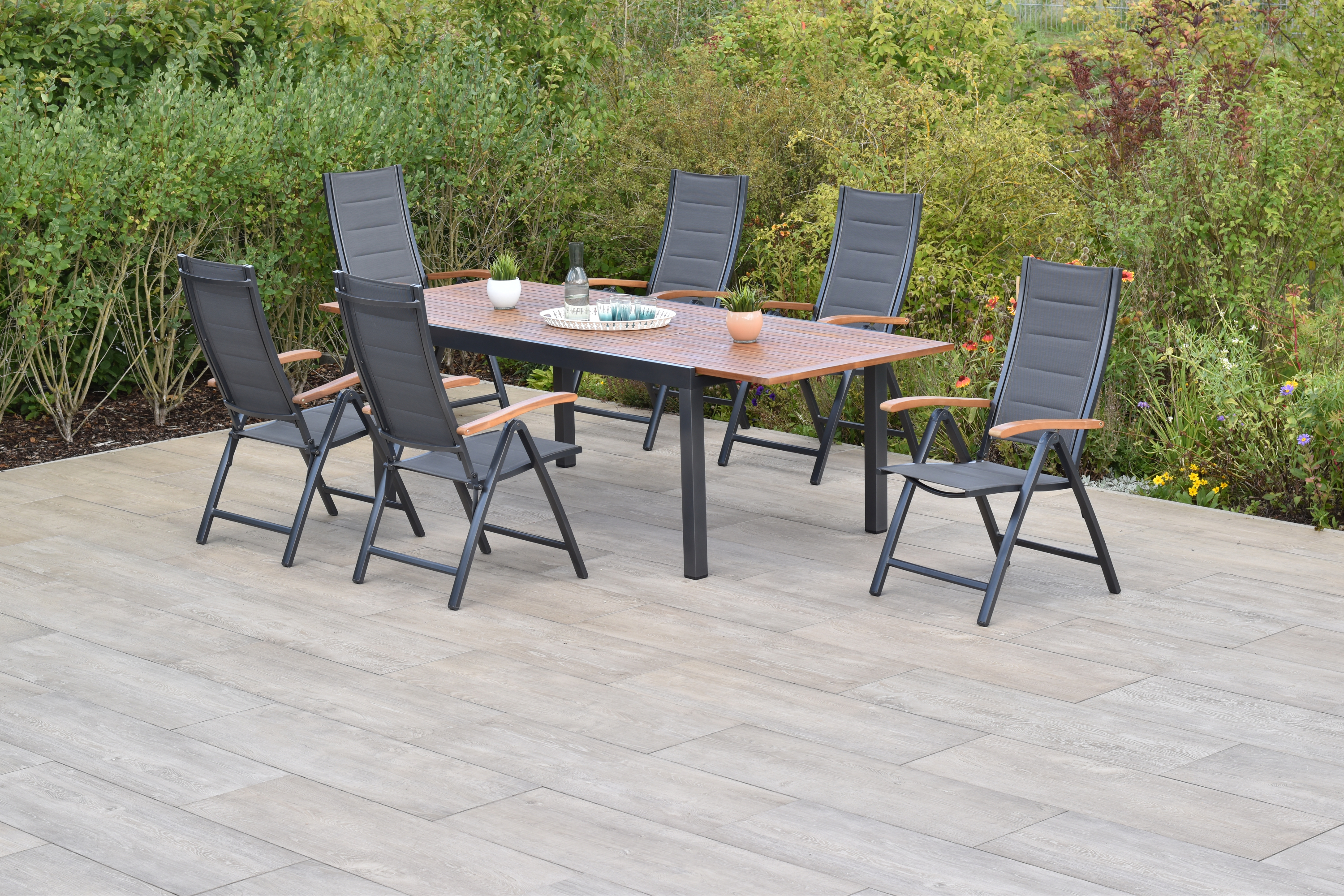 Paxos Set, 7tlg., 6 Klappsessel, Ausziehtisch 180/250 x 100 cm, graphit