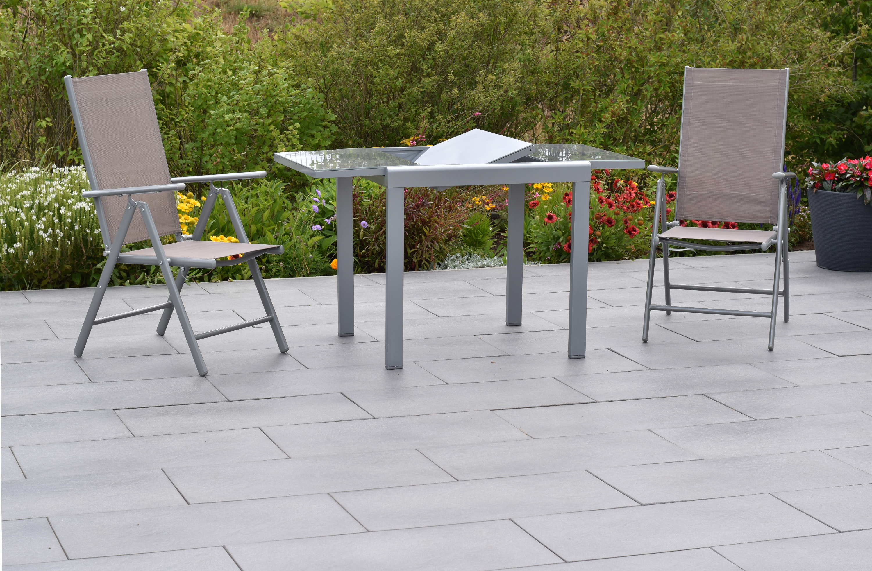 50877-325-3 Amalfi Set 3tlg., 2 Klappsessel, Ausziehtisch 80/120 x 70 cm, taupe
