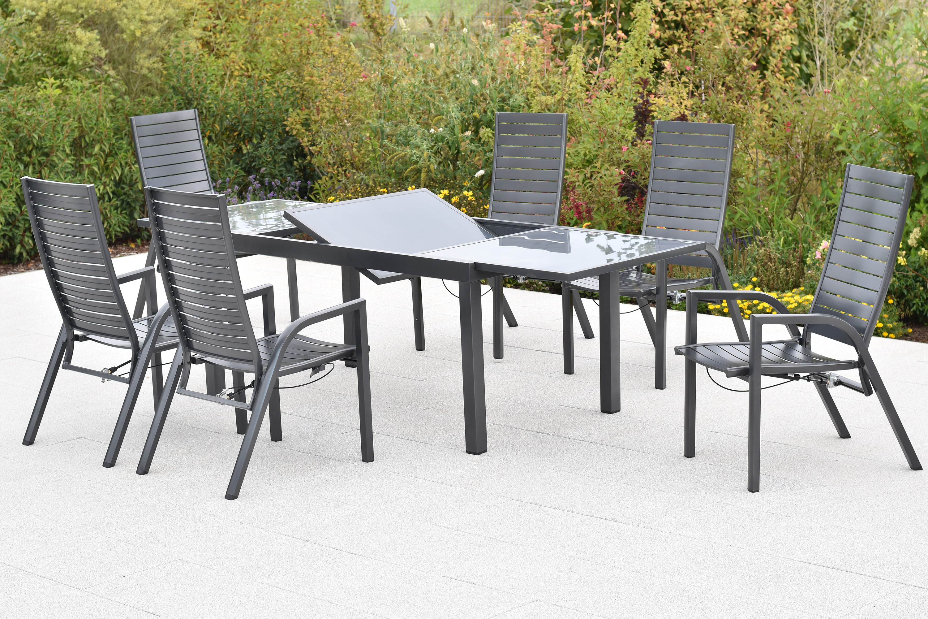 Siros Set, 7tlg., Ausziehtisch, 150/210 x 90 cm, graue Glasplatte Siros Set, 7tlg., Ausziehtisch, 150/210 x 90 cm, graue Glasplatte