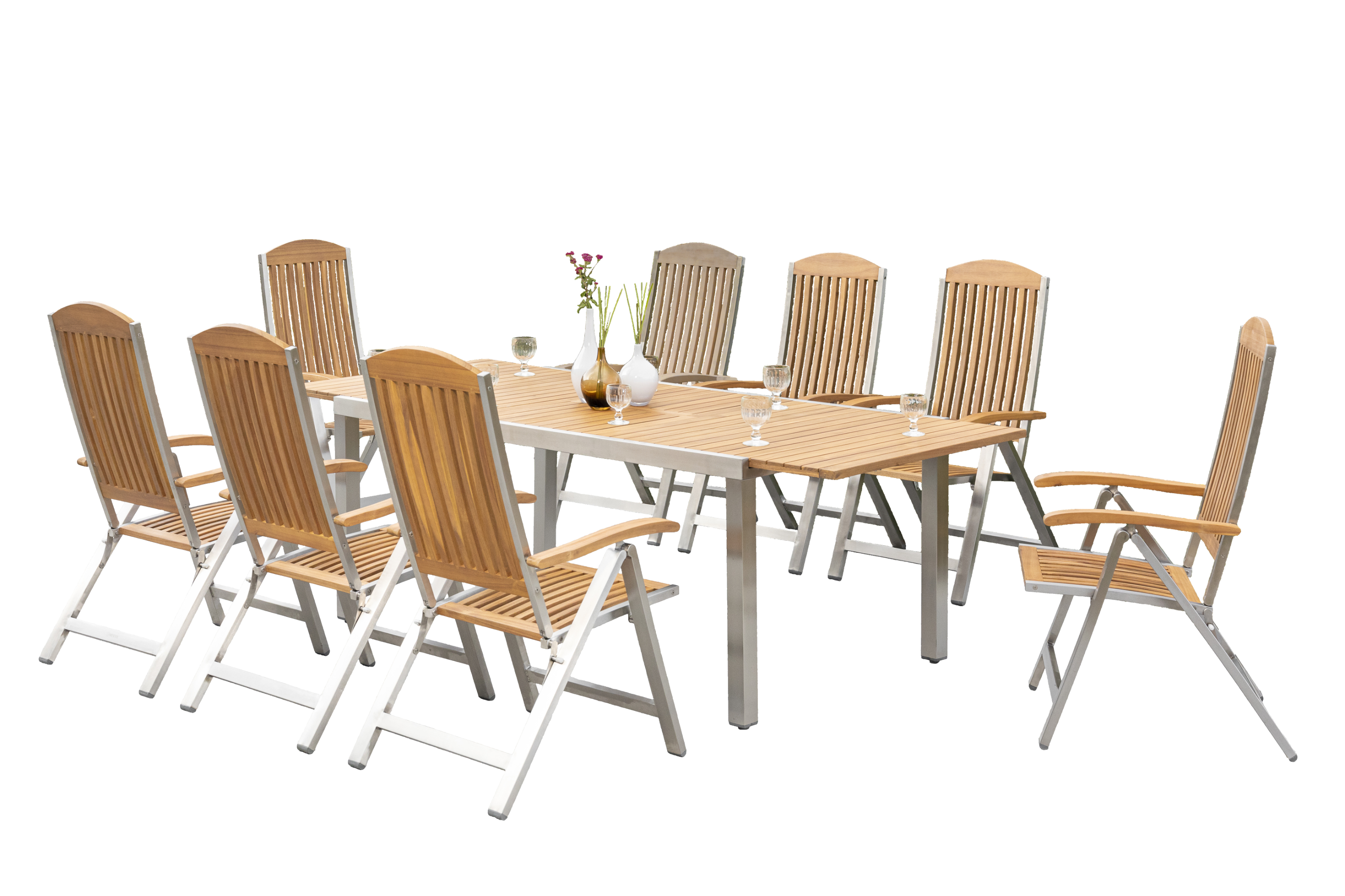 Keros Set 9tlg., 8 Klappsessel, Ausziehtisch 180 (240) x 100 cm Keros Set 9tlg., 8 Klappsessel, Ausziehtisch 180 (240) x 100 cm