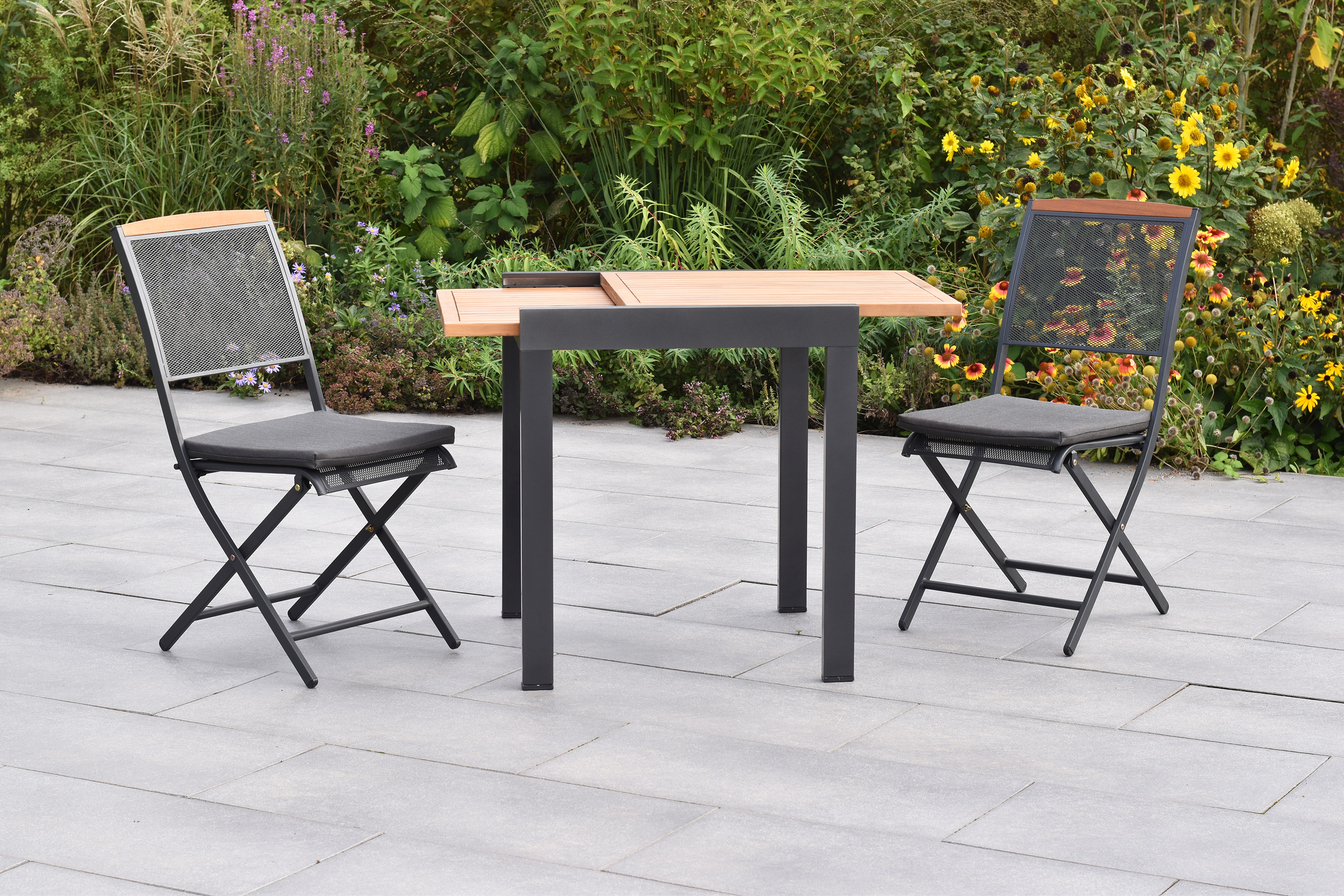 Patmos Set, 5tlg., Balkonausziehtisch, 65/130 x 65 cm, Tischplatte aus Akazienholz, inkl. Kissen, Patmos Set, 5tlg., Balkonausziehtisch, 65/130 x 65 cm, Tischplatte aus Akazienholz, inkl. Kissen,