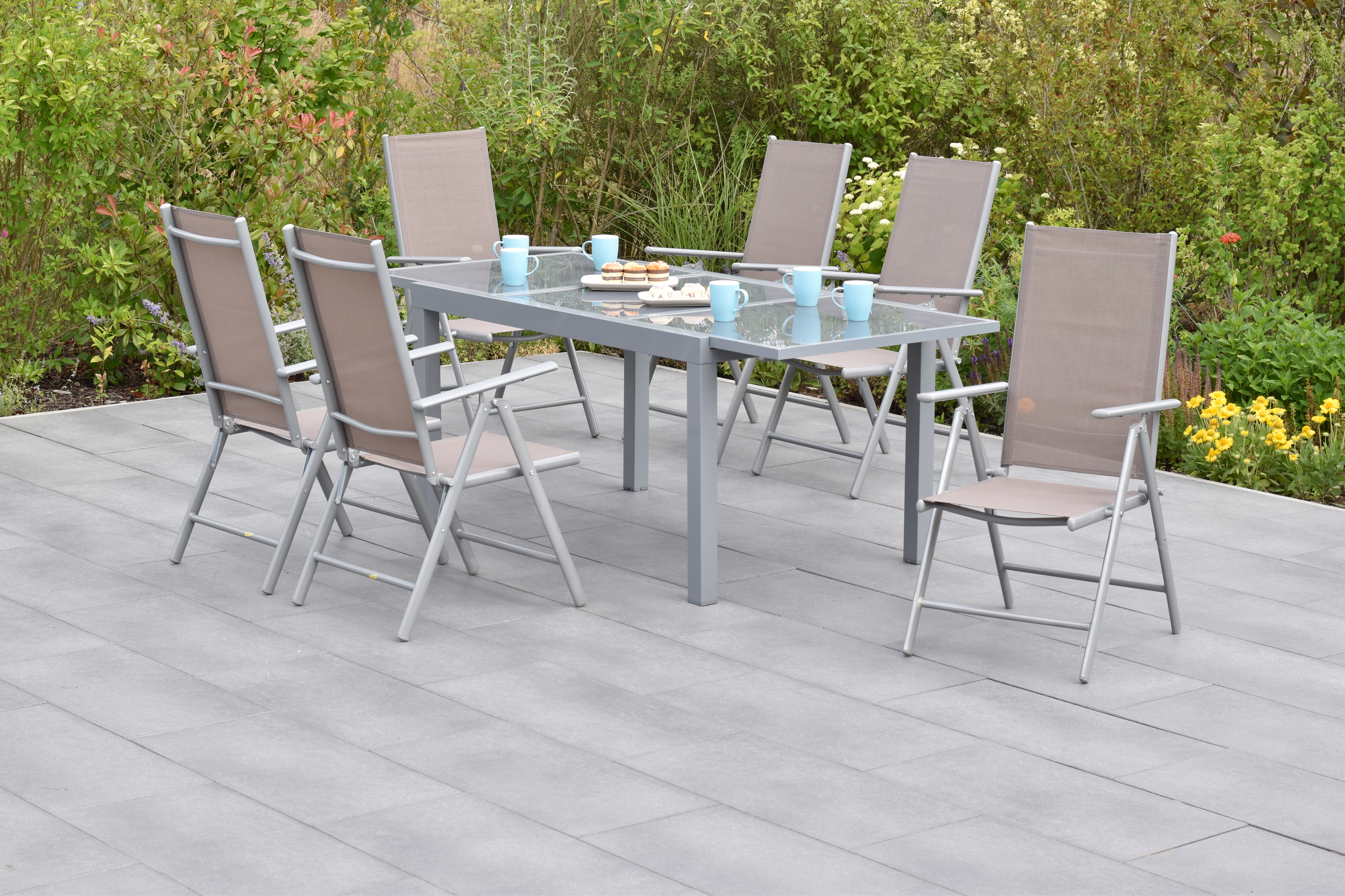 Amalfi Set 7tlg., 6 Klappsessel, Ausziehtisch 160 (220) x 90 cm, taupe Amalfi Set 7tlg., 6 Klappsessel, Ausziehtisch 160 (220) x 90 cm, taupe