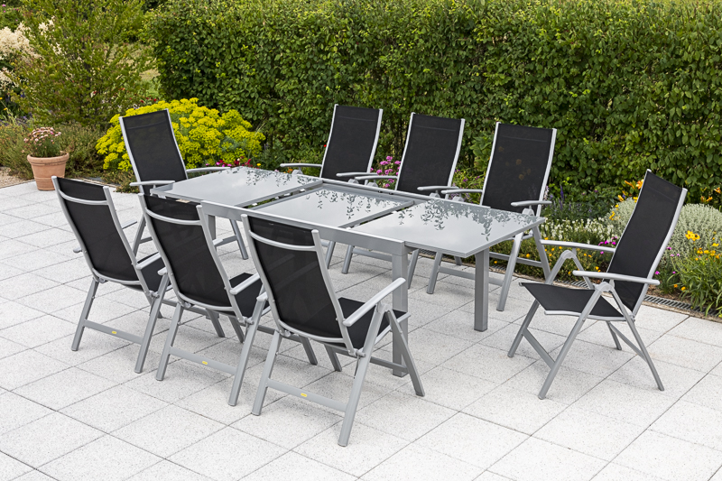 Carrara-Set-9tlg-8x-26374-219-26471-219-NB-2 Carrara Set 9tlg., 8 Klappsessel, Ausziehtisch 150 (220) x 90 cm, schwarz