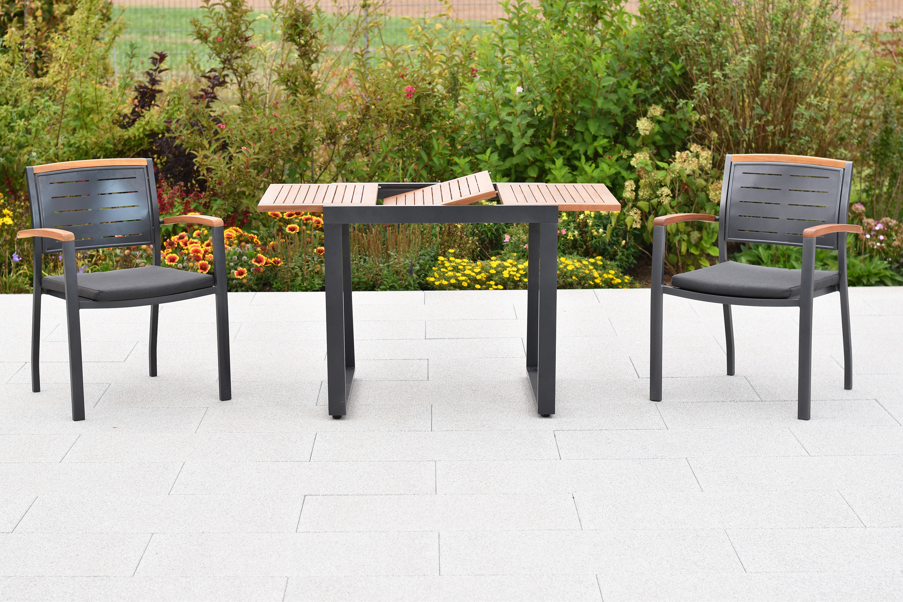 Tinos Set, 5tlg., Ausziehtisch 150/200 x 90 cm, Tischplatte aus Akazienholz, inkl. Kissen, Tinos Set, 5tlg., Ausziehtisch 150/200 x 90 cm, Tischplatte aus Akazienholz, inkl. Kissen,