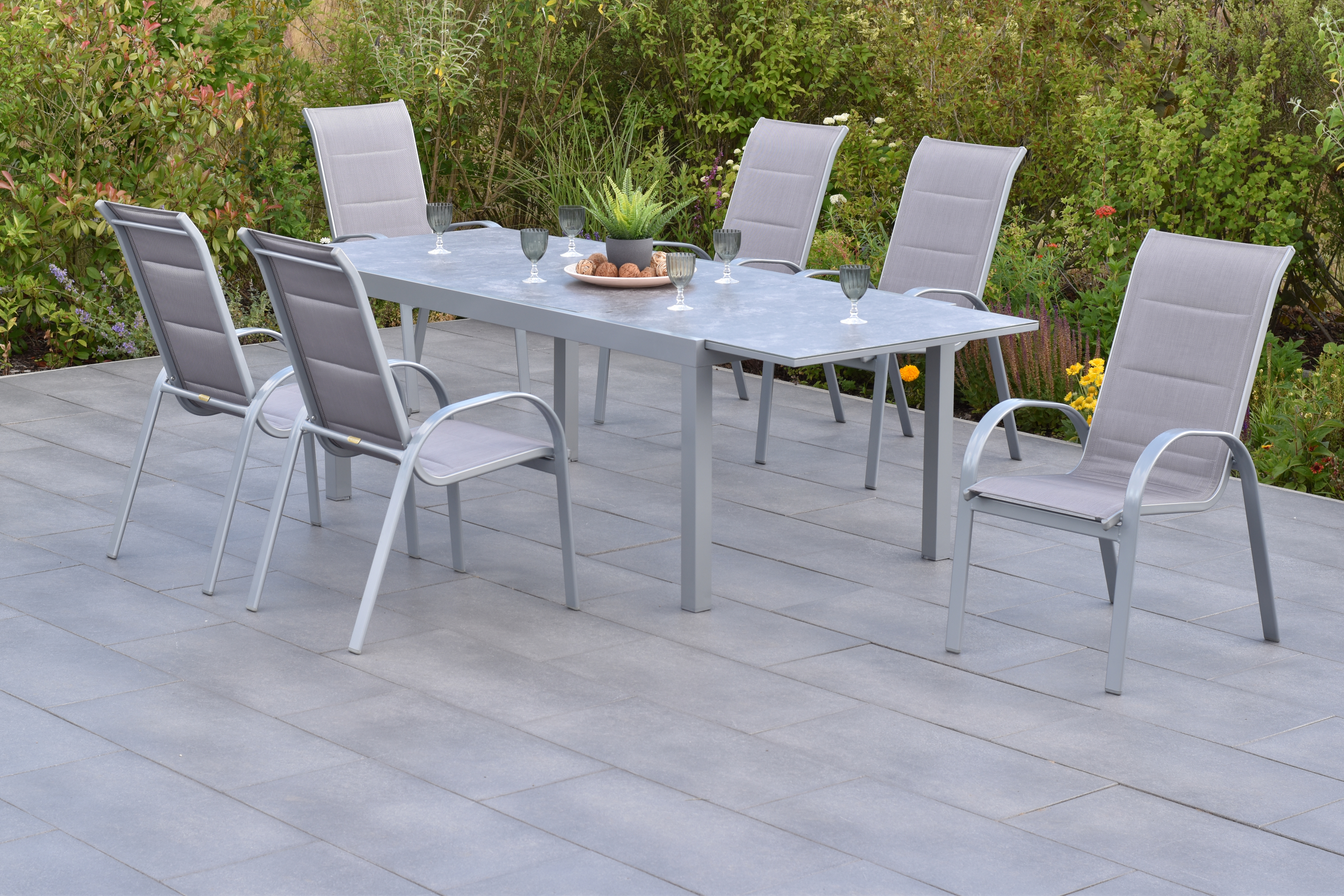 Amalfi di lusso Set 7tlg., 6 Stapelsessel, Ausziehtisch 180 (250) x 100 cm, diamantbraun Amalfi di lusso Set 7tlg., 6 Stapelsessel, Ausziehtisch 180 (250) x 100 cm, diamantbraun