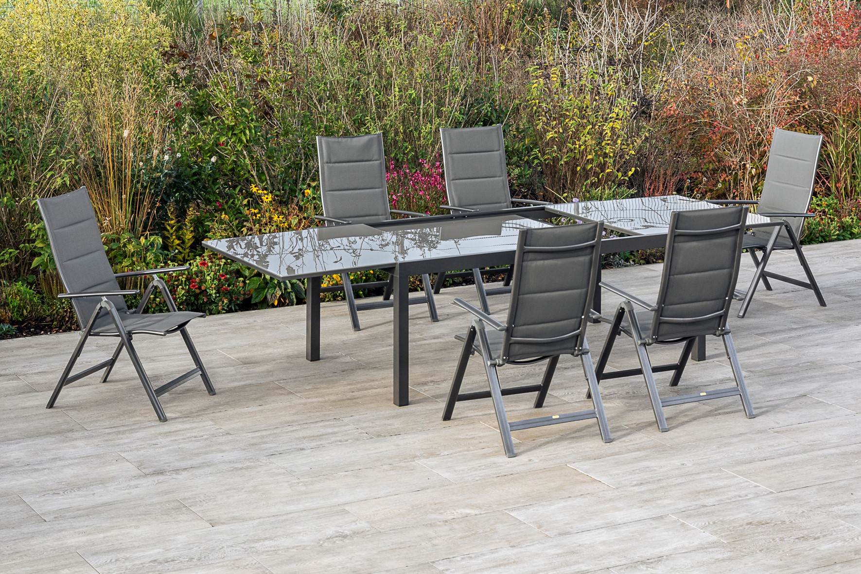 50567-207-33WJqMBPXerCGV Taviano Set, 7tlg., 6 Klappsessel, Ausziehtisch 200/300 x 100 cm, grau