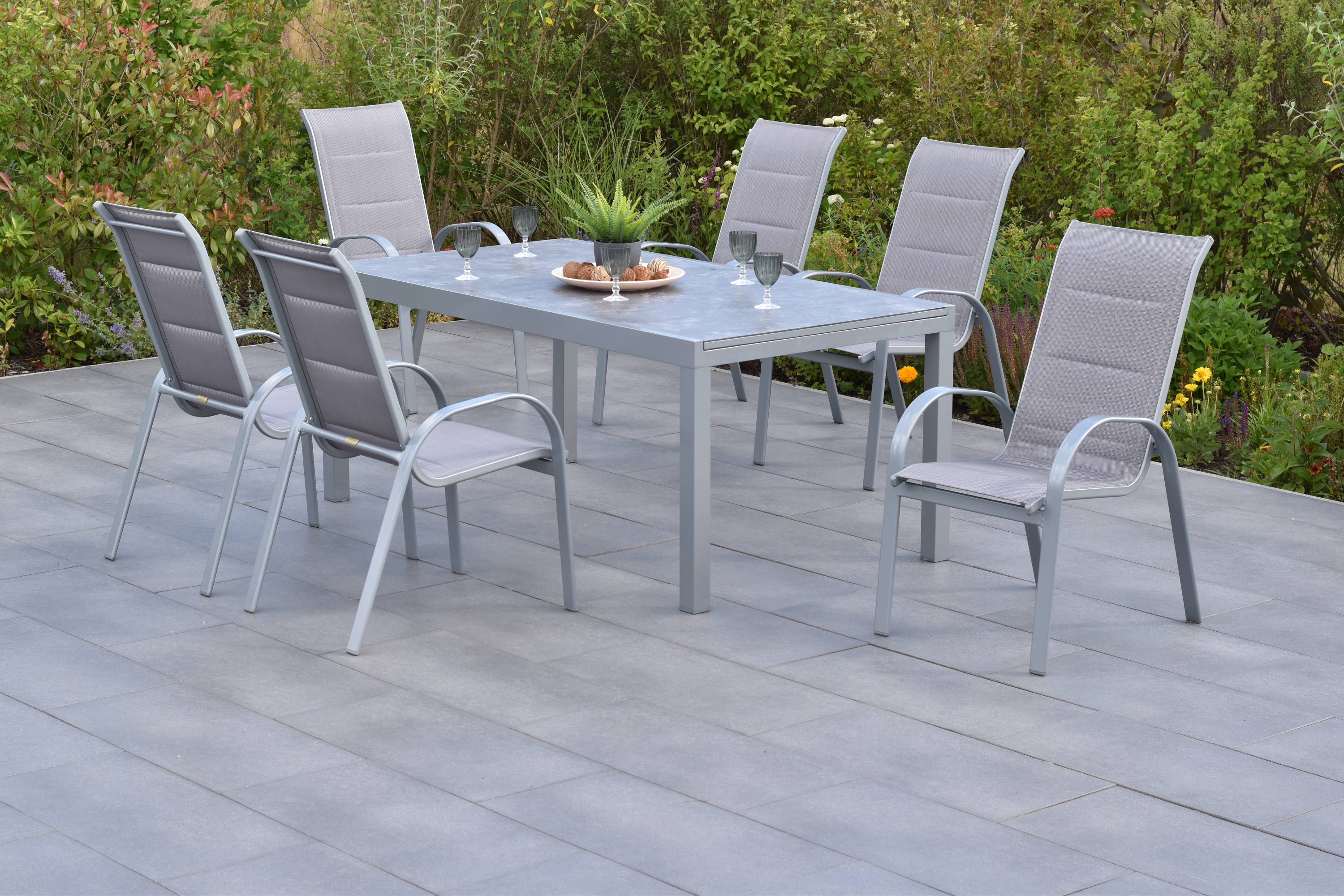Amalfi di lusso Set 7tlg., 6 Stapelsessel, Ausziehtisch 180 (250) x 100 cm, diamantbraun Amalfi di lusso Set 7tlg., 6 Stapelsessel, Ausziehtisch 180 (250) x 100 cm, diamantbraun