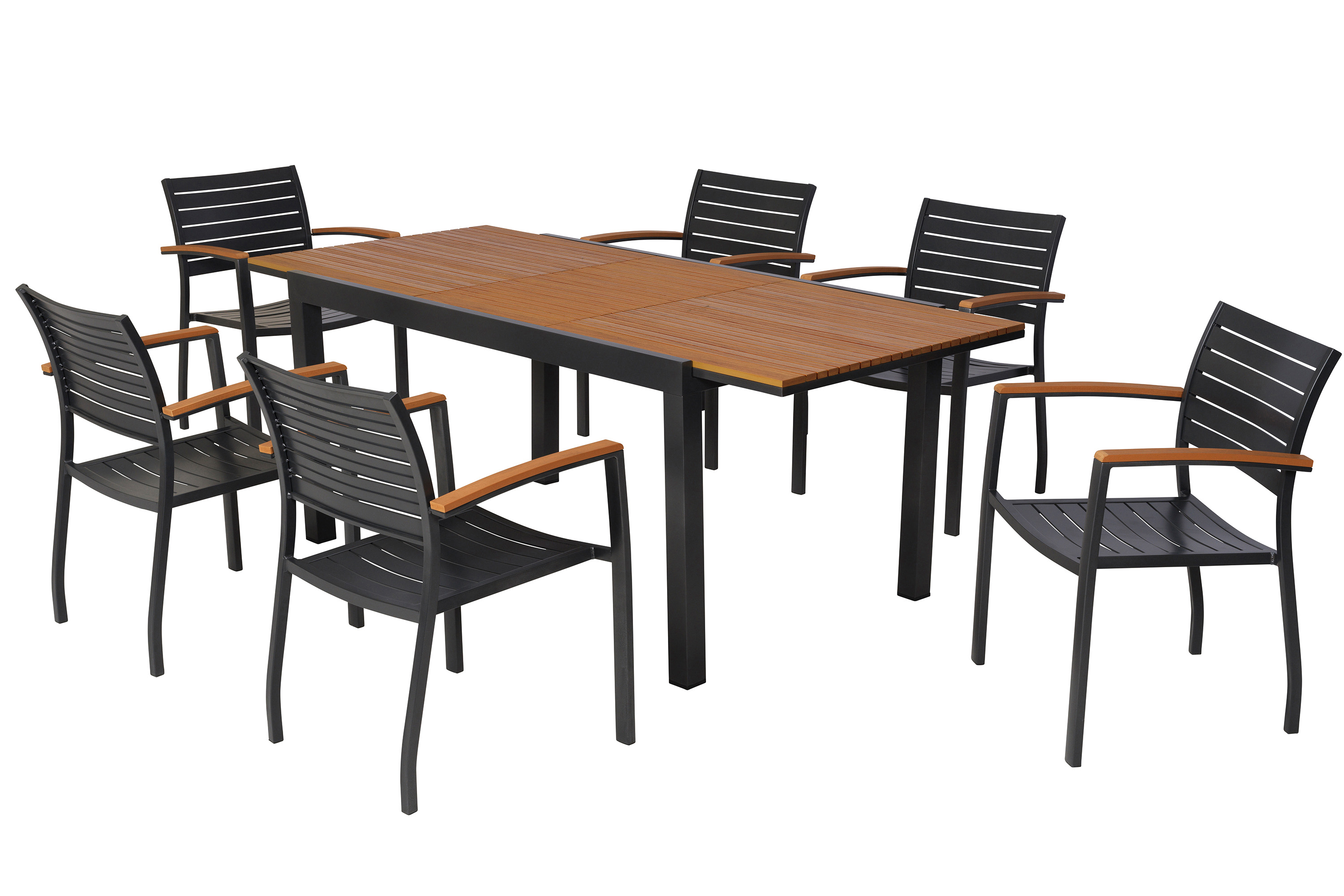 Astros Set 7tlg., 6 Stapelsessel, Ausziehtisch 150 (200) x 90 cm