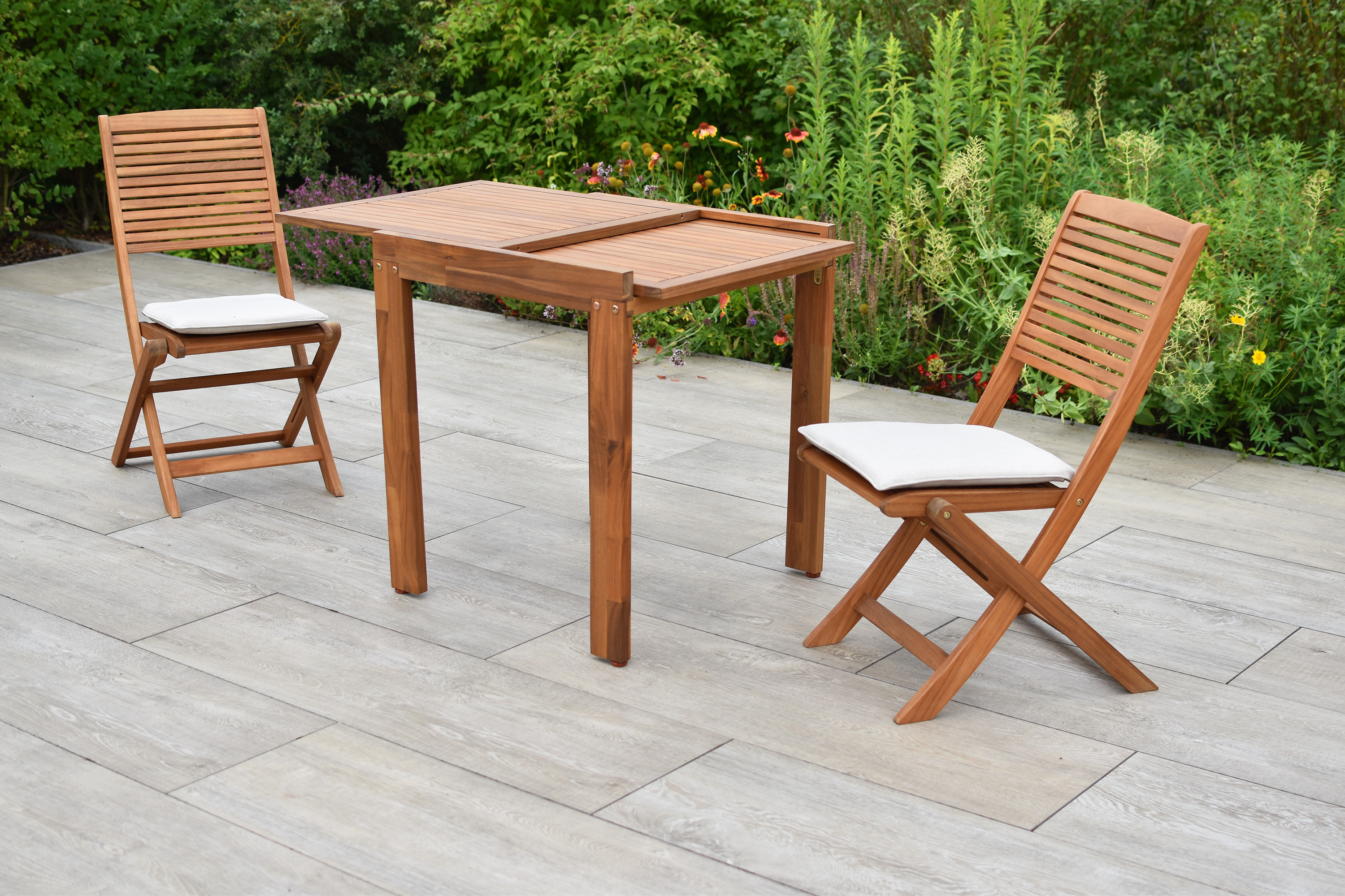 Bali Set 5tlg., 2 Klappstühle, Balkonausziehtisch 65 (130) x 70 cm, inkl. Kissen