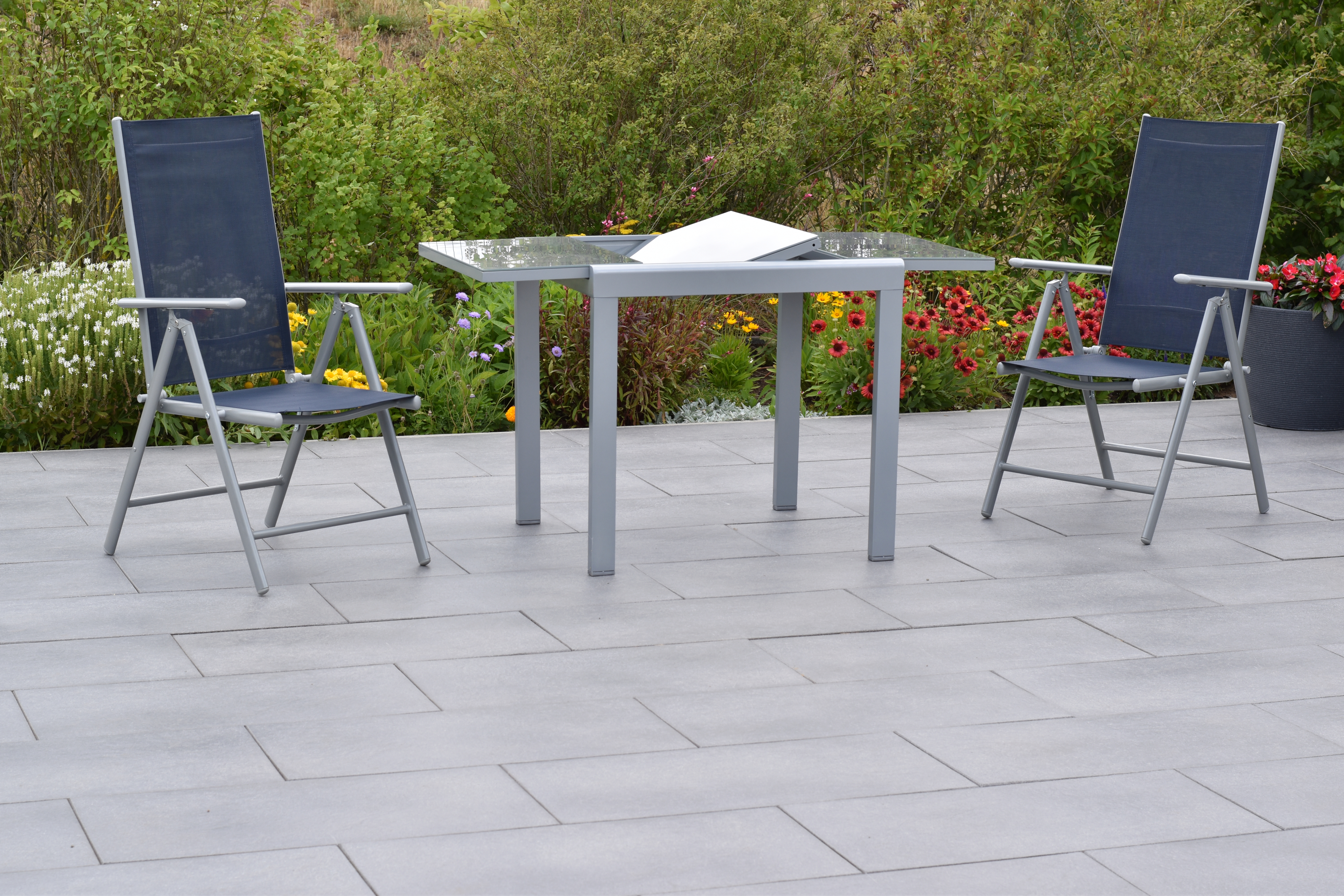 50877-313-3 Amalfi Set, 3 tlg., 2 Klappsessel, Ausziehtisch 80/120 x 70 cm, marineblau