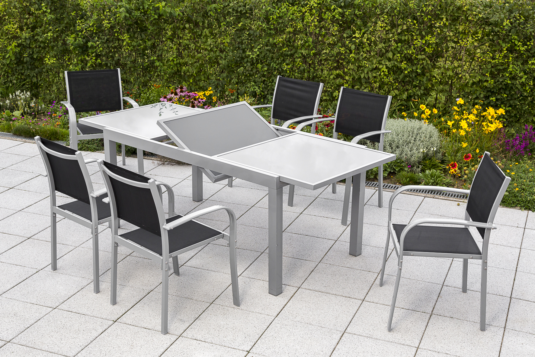 50273-317-3 Ostia Set 7tlg., 6 Stapelsessel, Ausziehtisch 160 (220) x 90 cm