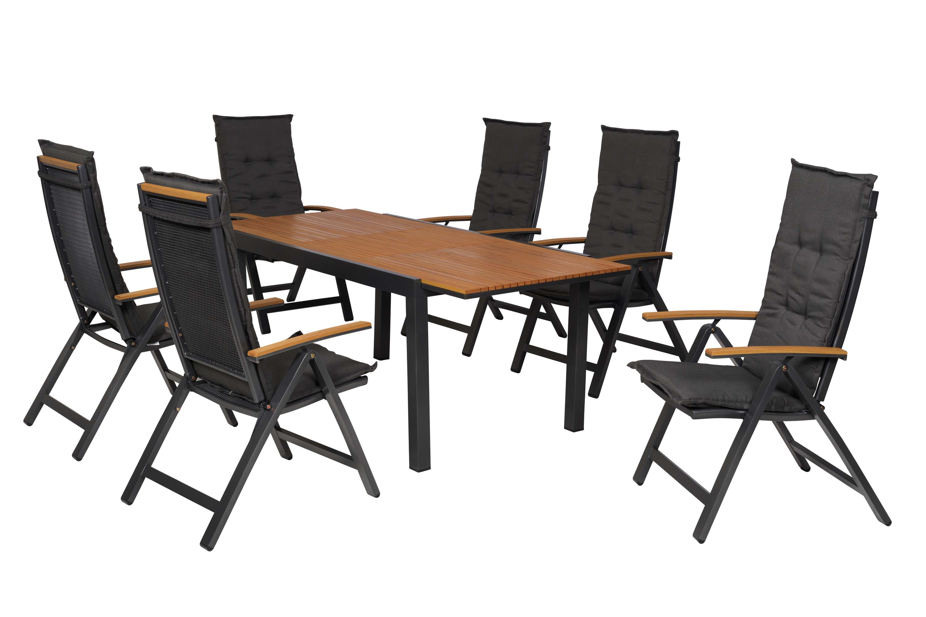 Itanos Set 13tlg., 6 Klappsessel, Ausziehtisch 150 (200) x 90 cm, inkl. Kissen Itanos Set 13tlg., 6 Klappsessel, Ausziehtisch 150 (200) x 90 cm, inkl. Kissen