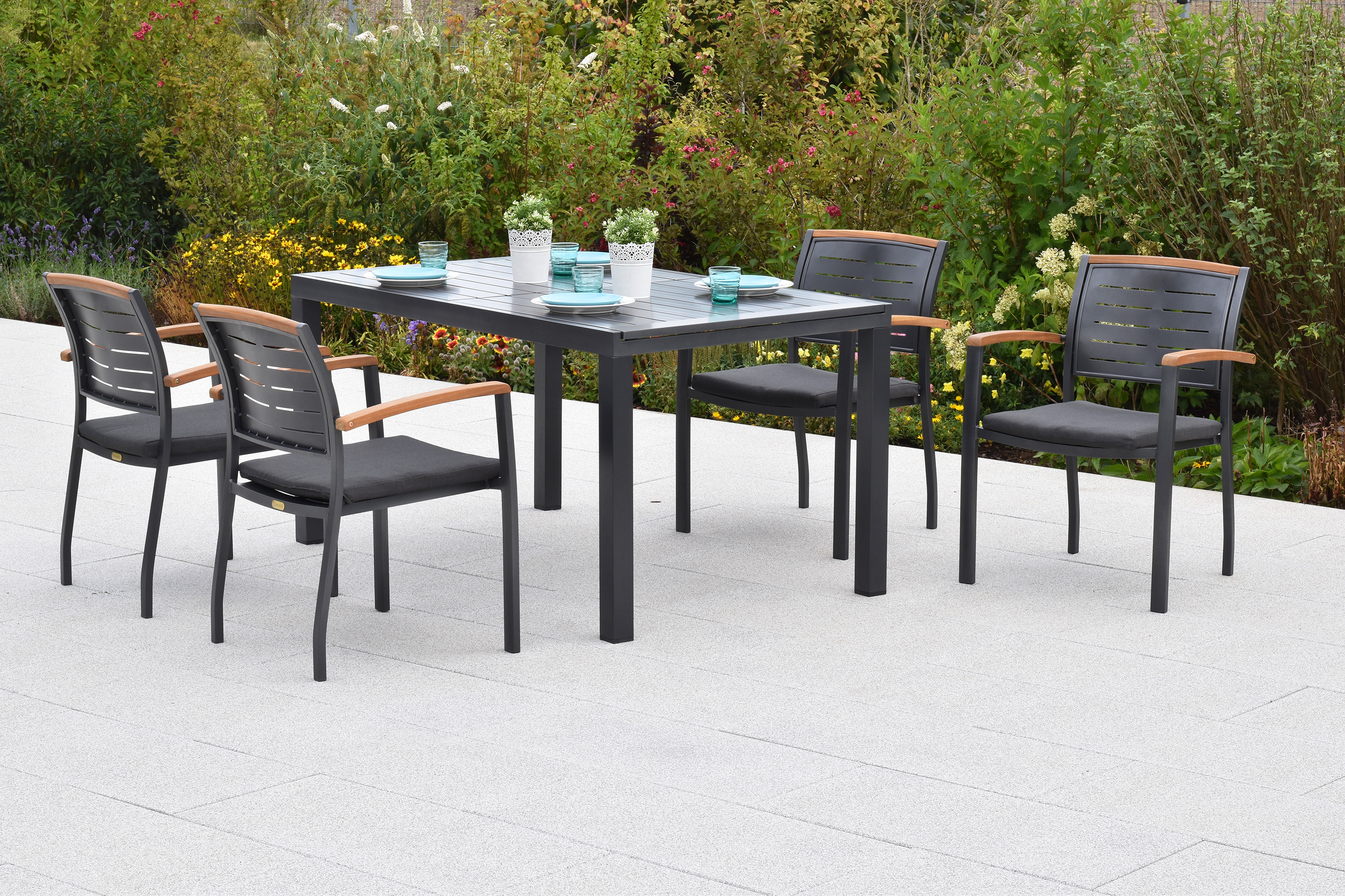 Tinos Set, 9tlg., Ausziehtisch, 150/200 x 90 cm, Tischplatte aus Aluminium, inkl. Kissen, 