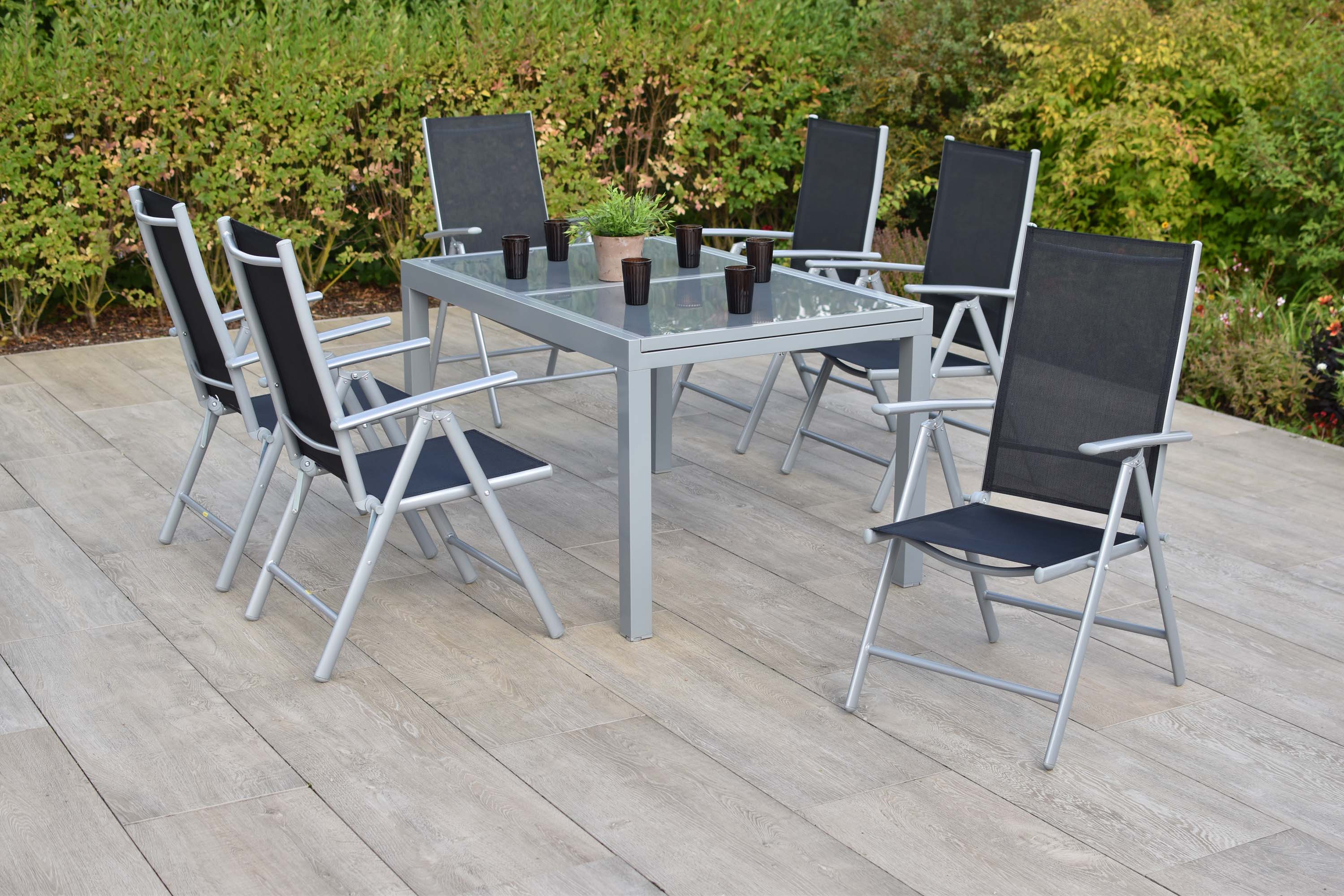 Amalfi Set 7tlg., 6 Klappsessel, Ausziehtisch 140 (200) x 90 cm, schwarz Amalfi Set 7tlg., 6 Klappsessel, Ausziehtisch 140 (200) x 90 cm, schwarz
