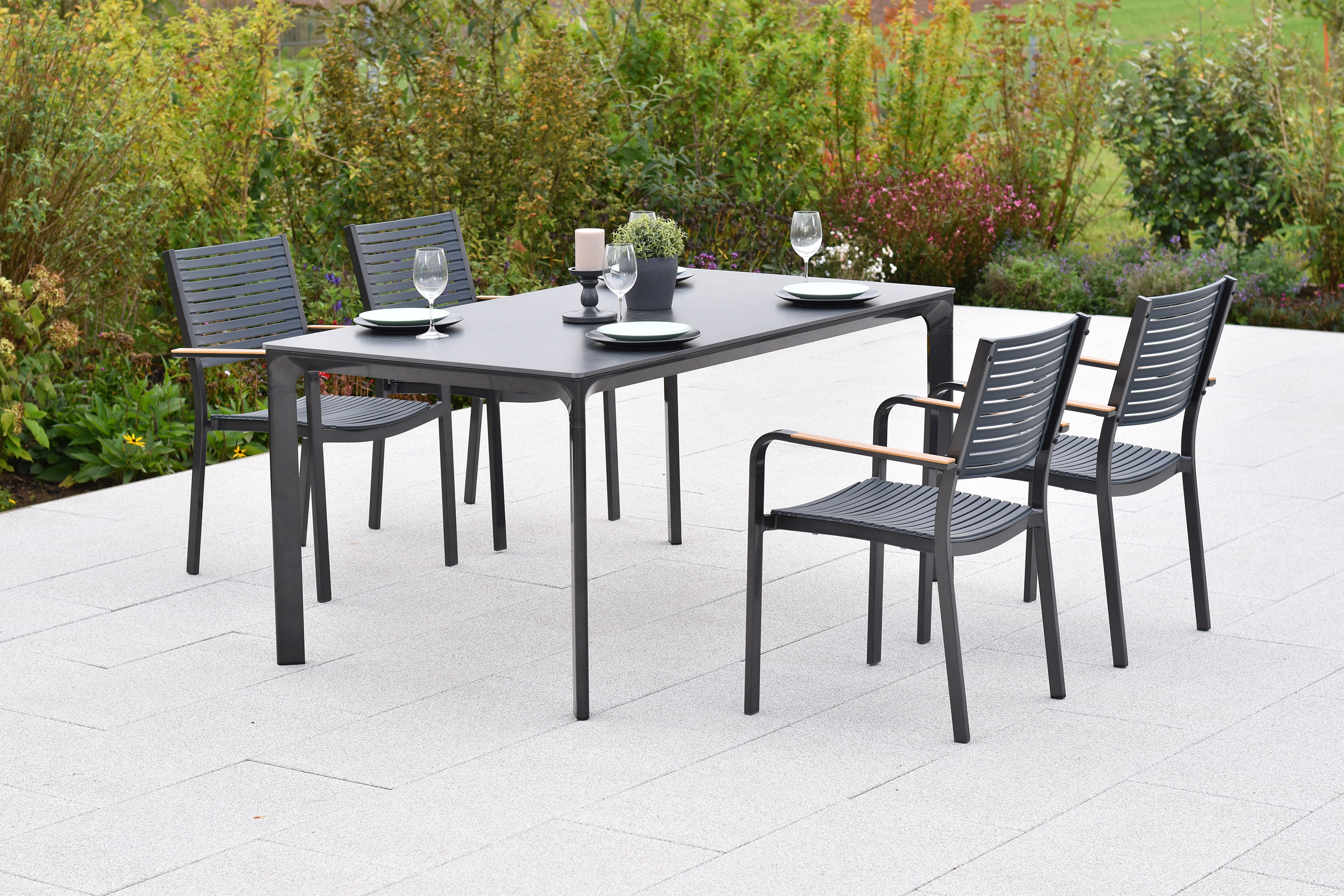 Paliano Set, 5tlg., Tisch 160 x 90 cm, Tischplatte aus Glas in Steinoptik Paliano Set, 5tlg., Tisch 160 x 90 cm, Tischplatte aus Glas in Steinoptik