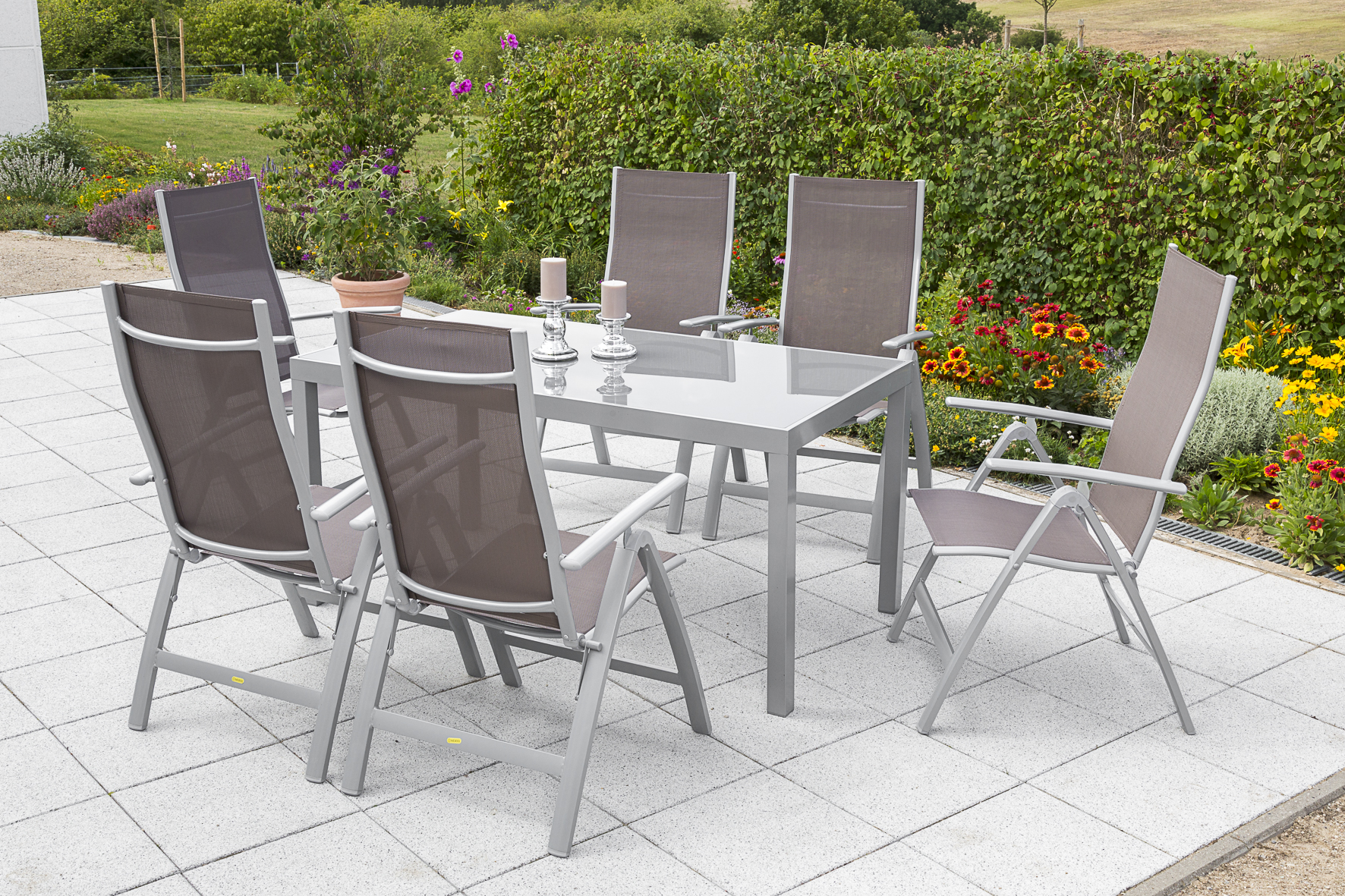 Carrara Set 7tlg., 6 Klappsessel, Tisch 150 x 90 cm, taupe Carrara Set 7tlg., 6 Klappsessel, Tisch 150 x 90 cm, taupe