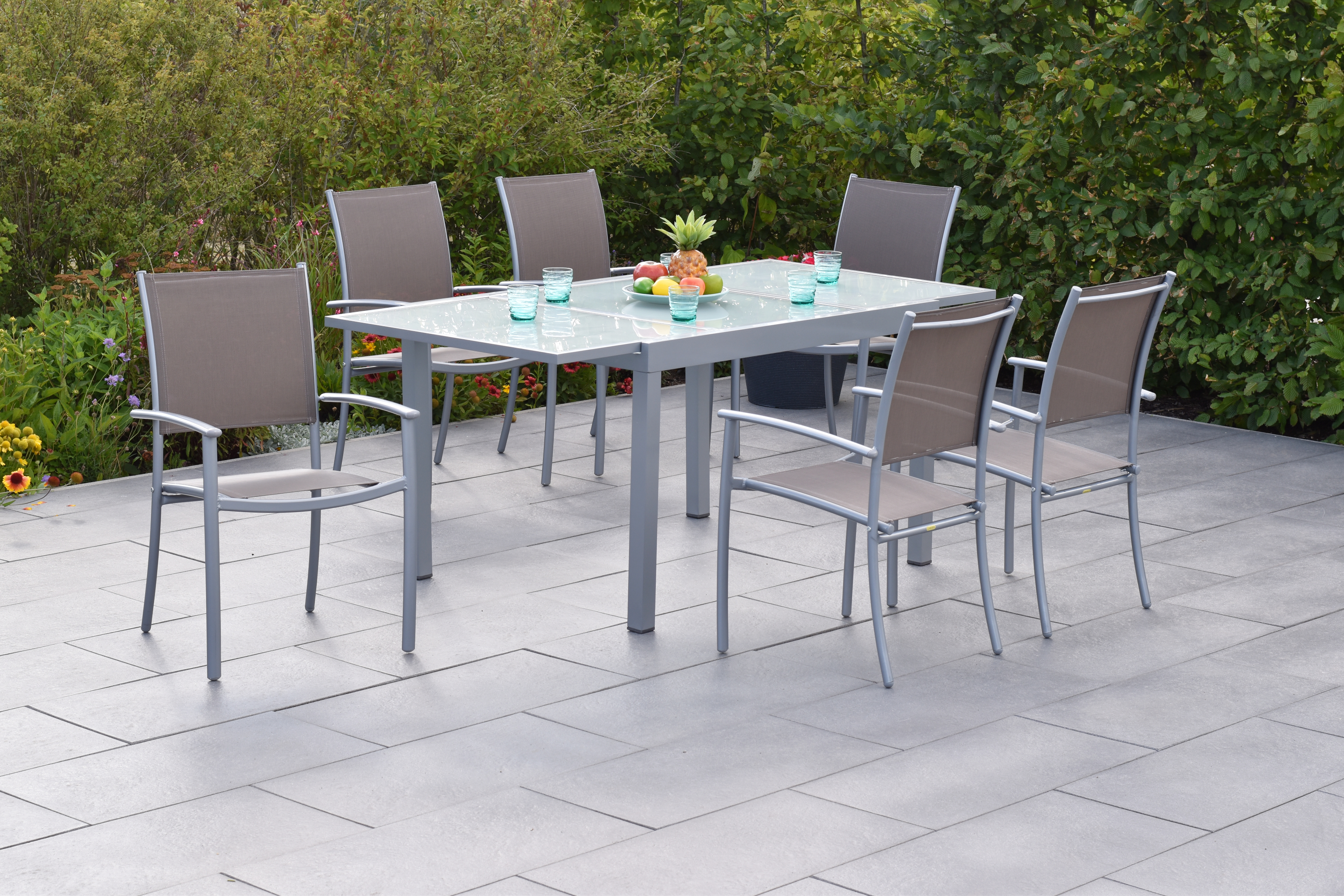 50886-325-2 Milano Set, 7tlg., 6 Stapelsessel, Ausziehtisch 120/180 x 90 cm, silber/taupe