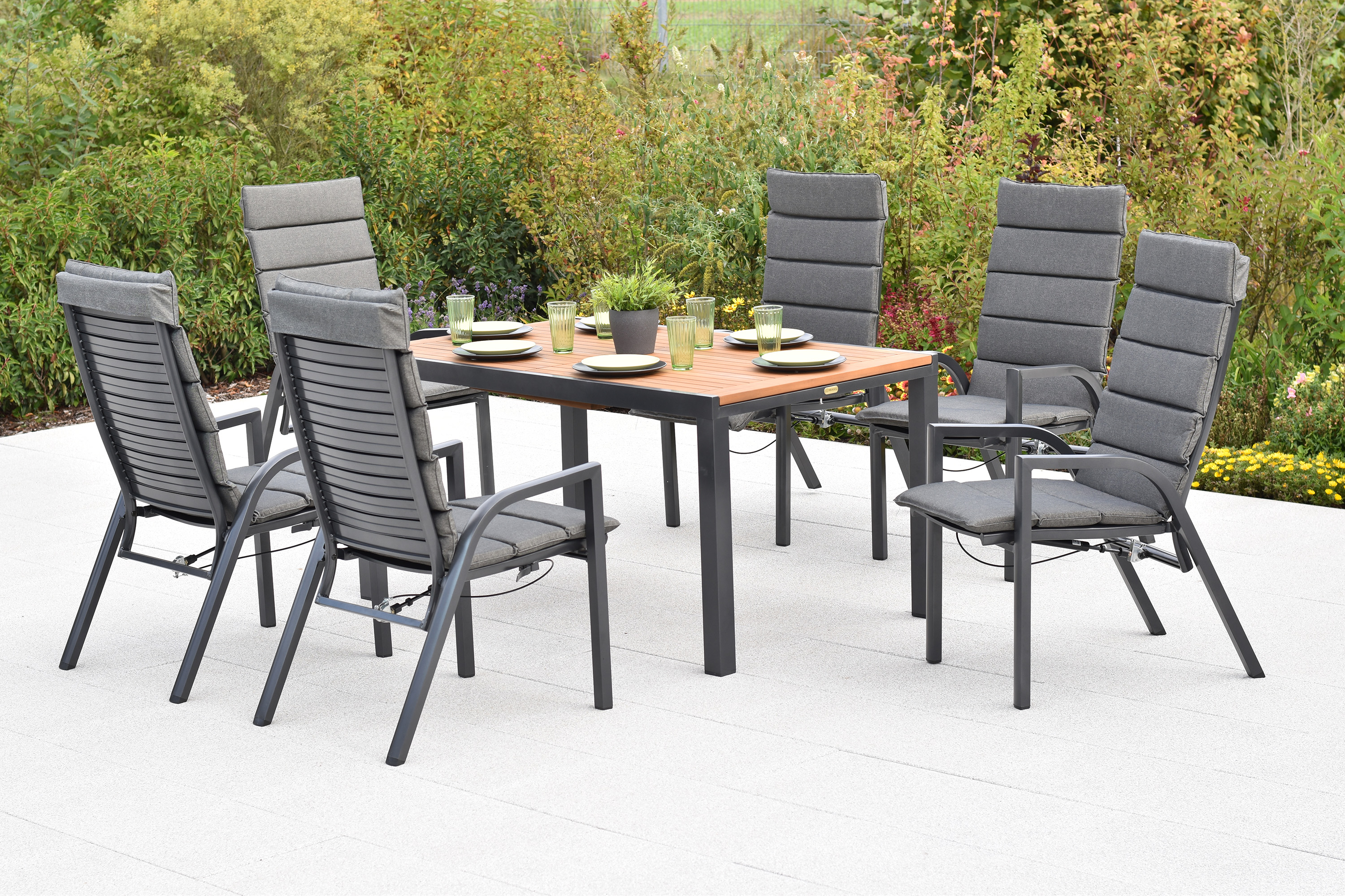 Siros Set, 13tlg., Ausziehtisch, 150/200 x 90 cm, Tischplatte aus Akazienholz, inkl. Kissen Siros Set, 13tlg., Ausziehtisch, 150/200 x 90 cm, Tischplatte aus Akazienholz, inkl. Kissen