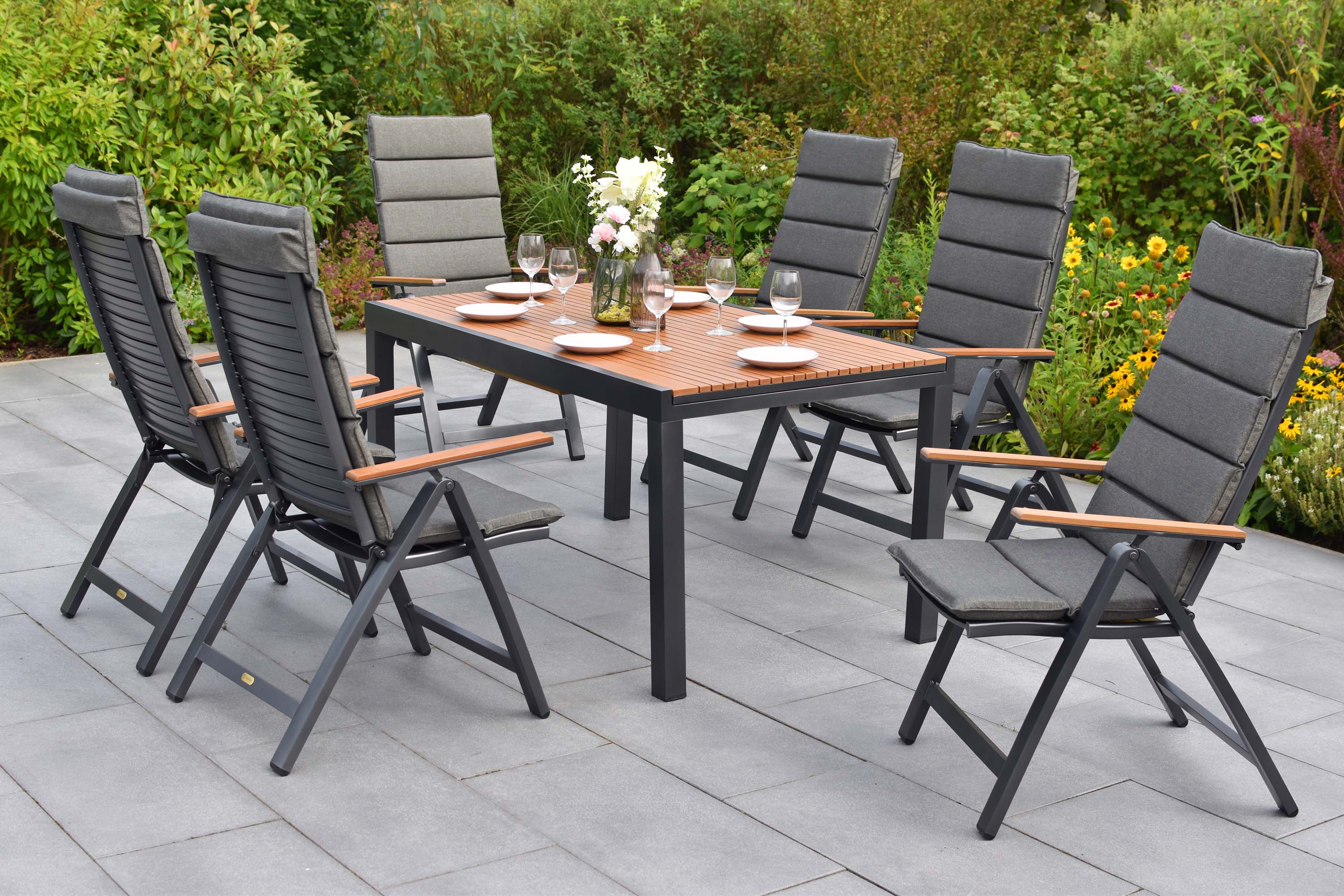 Astros Set 13tlg., 6 Klappsessel, Ausziehtisch, 150 (200) x 90 cm, inkl. Kissen