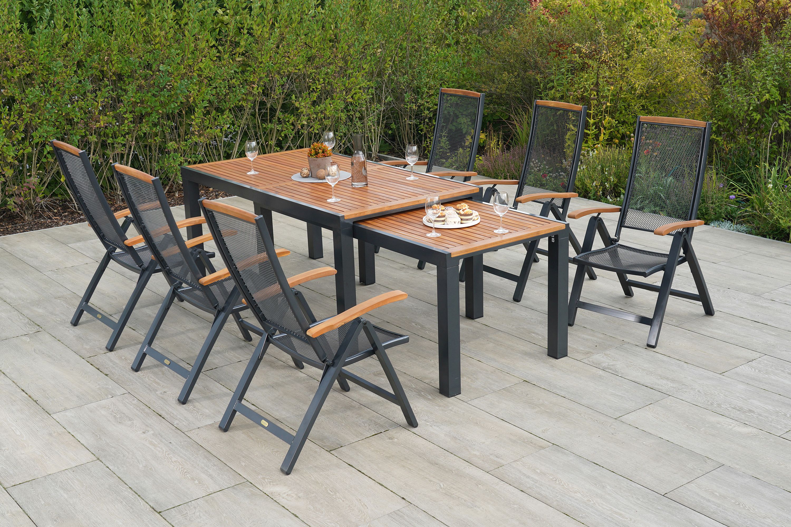 Tilos Set 7tlg., 6 Klappsessel, Flex-Ausziehtisch, 180 (300) x 100 cm