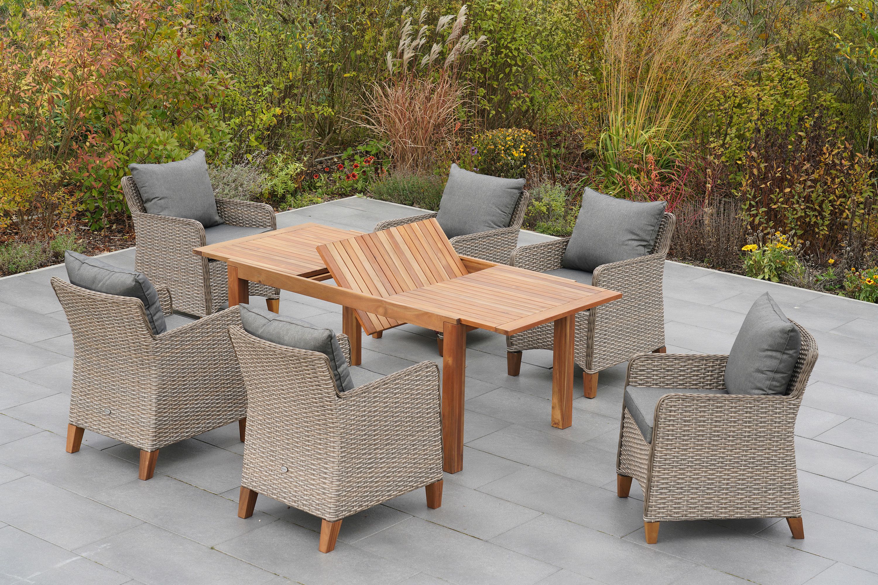 Avellino Set, 7tlg., Ausziehtisch 150/200 x 90 cm, inkl. Kissen