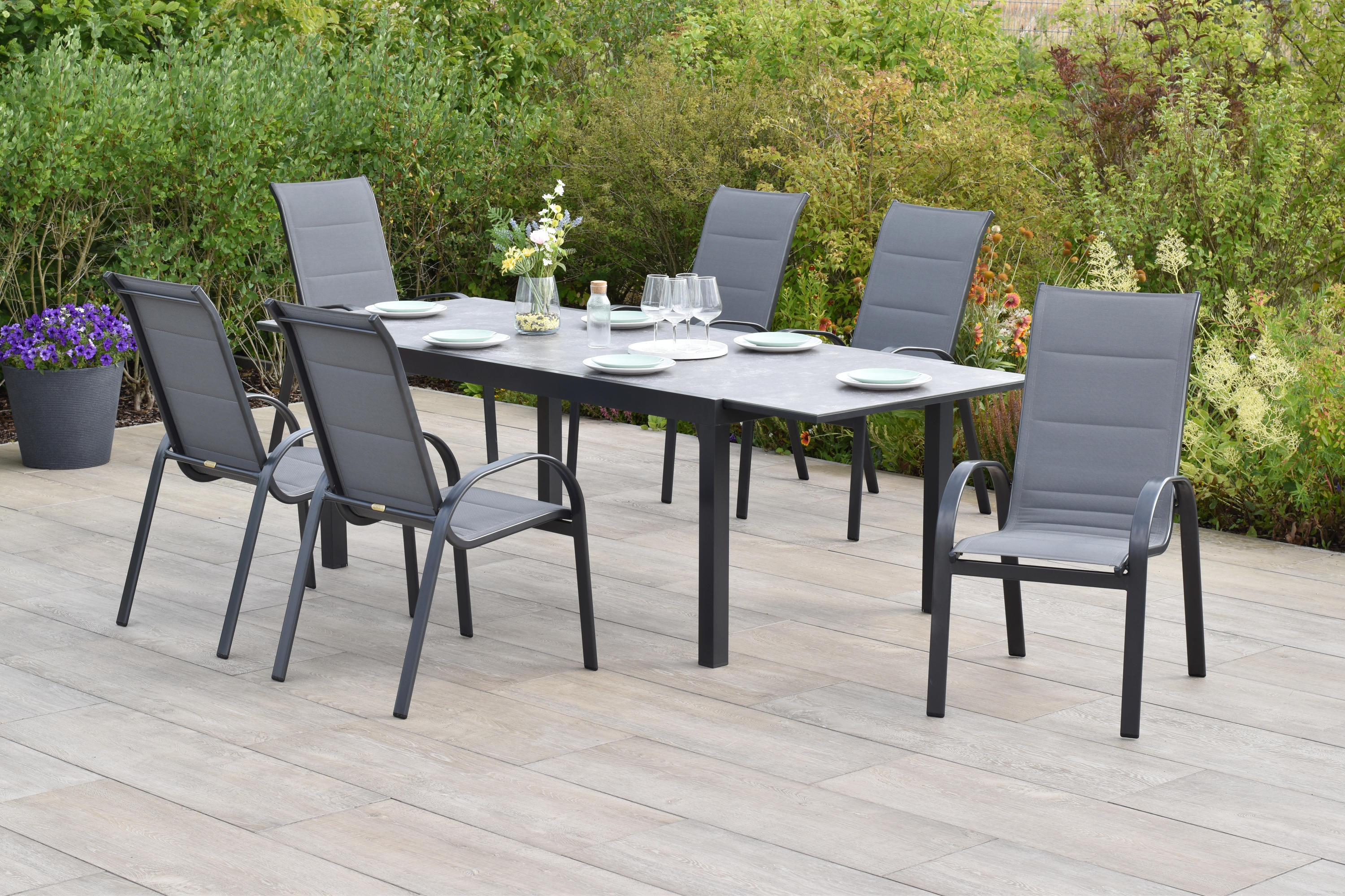 50881-309-2 Amalfi Set 7 tlg., 6 Stapelsessel, Ausziehtisch 180/250 x 100 cm, grau