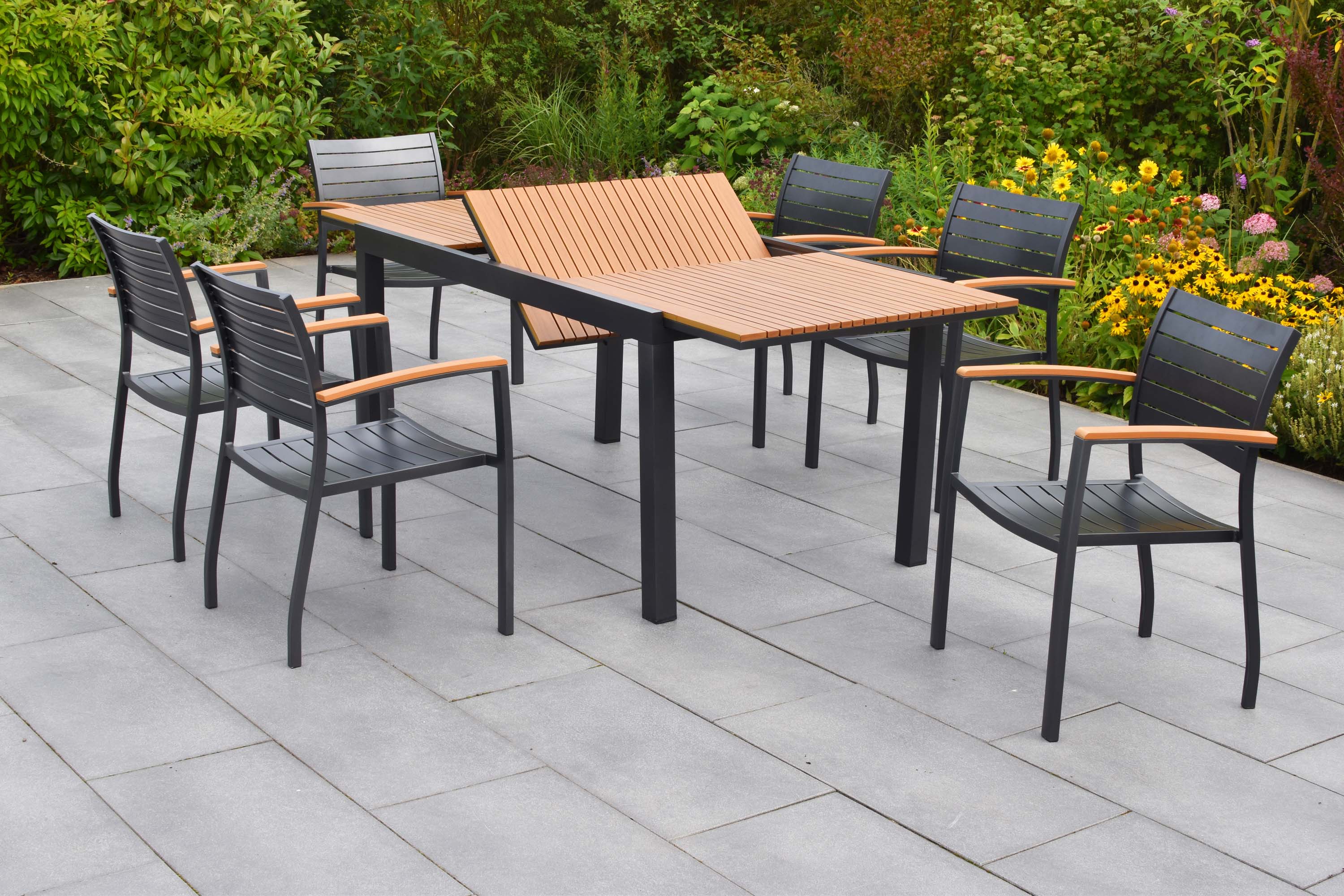 Astros Set 13tlg., 6 Stapelsessel, Ausziehtisch 150 (200) x 90 cm, inkl. Kissen