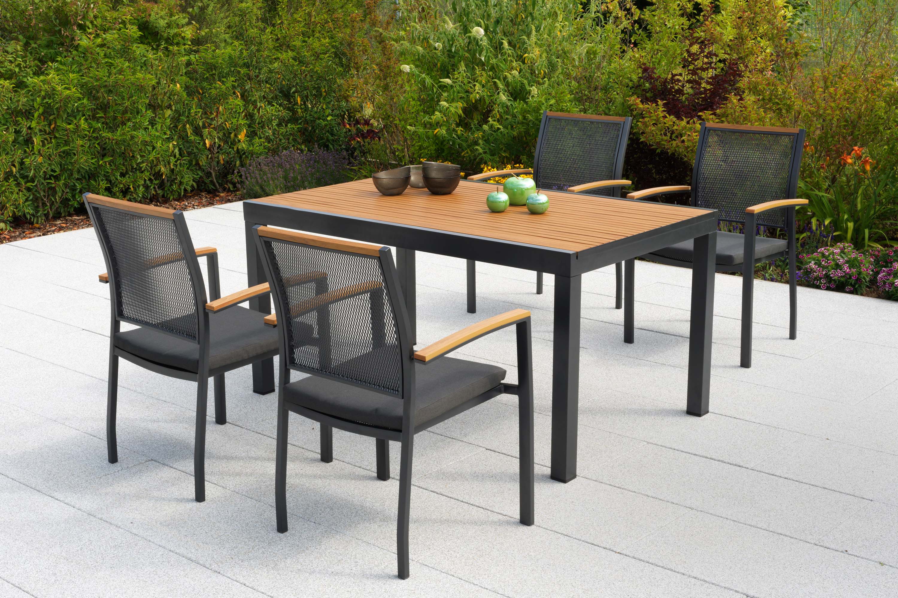 Itanos Set 9tlg., 4 Stapelsessel, Tisch 150 x 90 cm, inkl. Kissen Itanos Set 9tlg., 4 Stapelsessel, Tisch 150 x 90 cm, inkl. Kissen