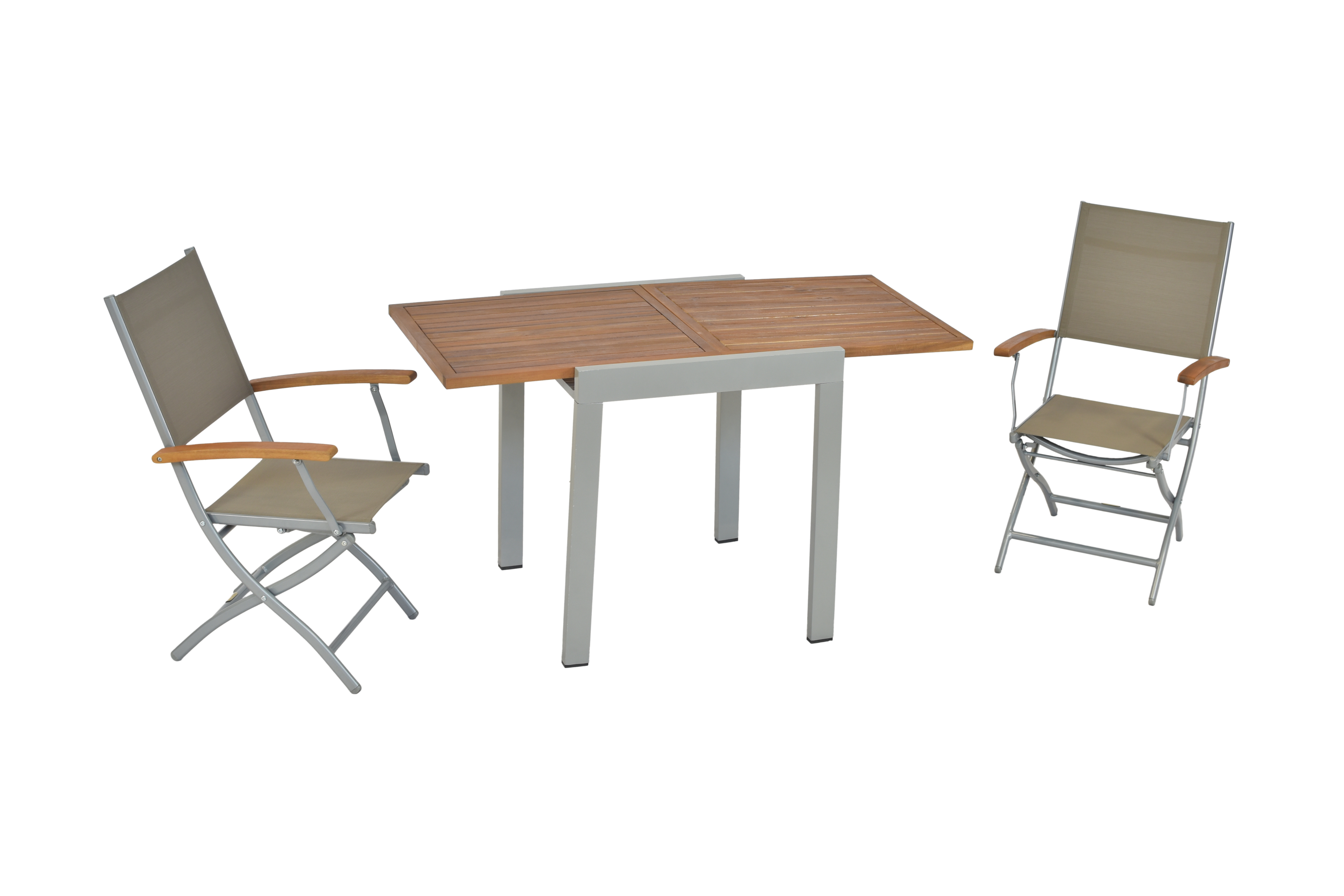 Naxos Set 3tlg., 2 Klappsessel, Balkonausziehtisch 65 (130) x 65 cm, silber