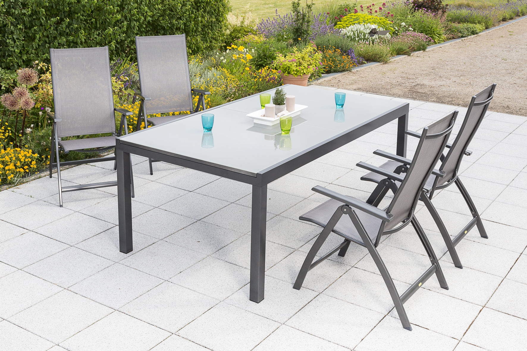 Vicenza Set 5tlg., 4 Klappsessel, Ausziehtisch 200 (300) x 110 cm