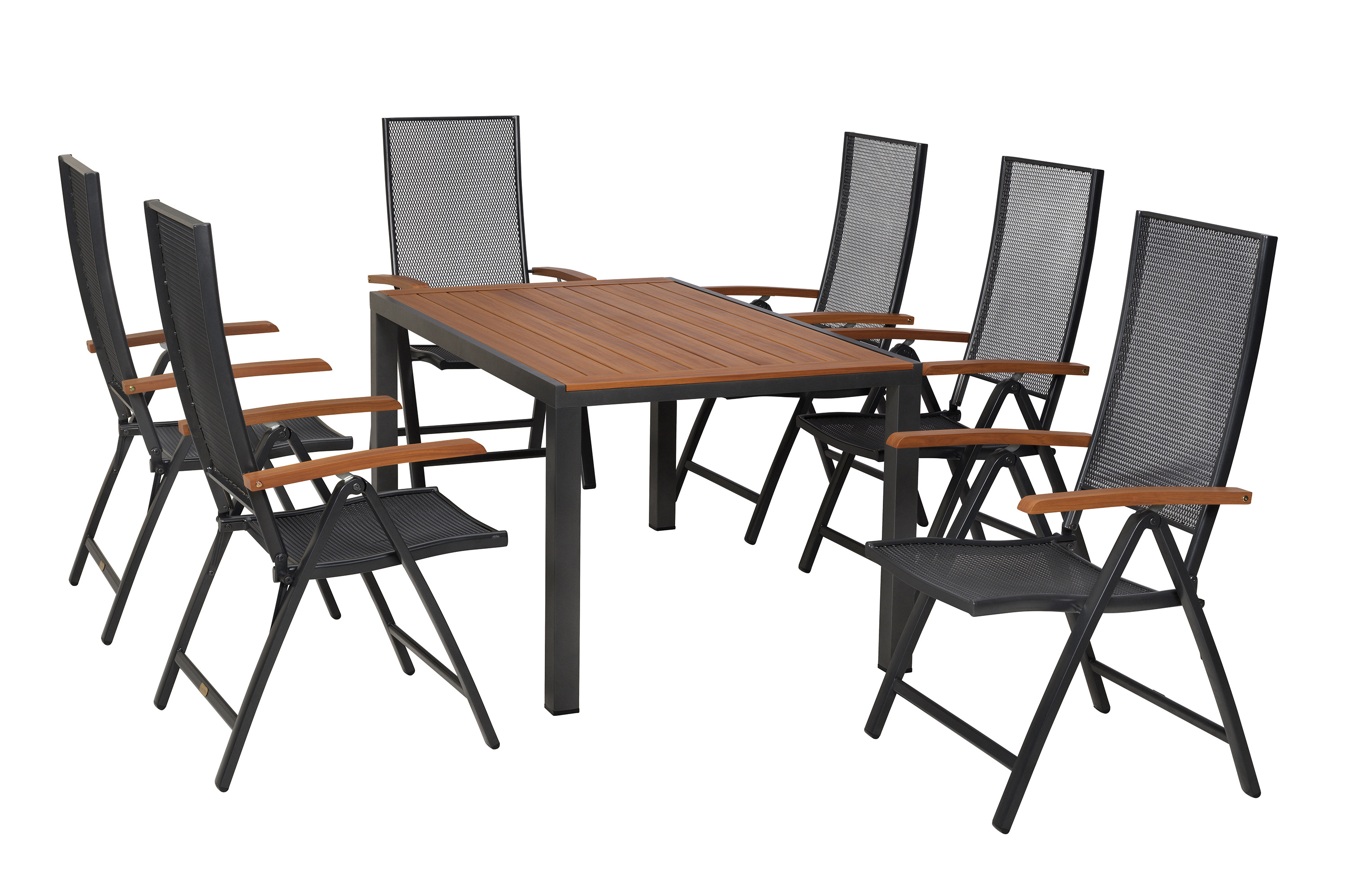 Thasos Set 7tlg., 6 Klappsessel, Tisch 150 x 90 cm, folierte Tischplatte in Holzoptik