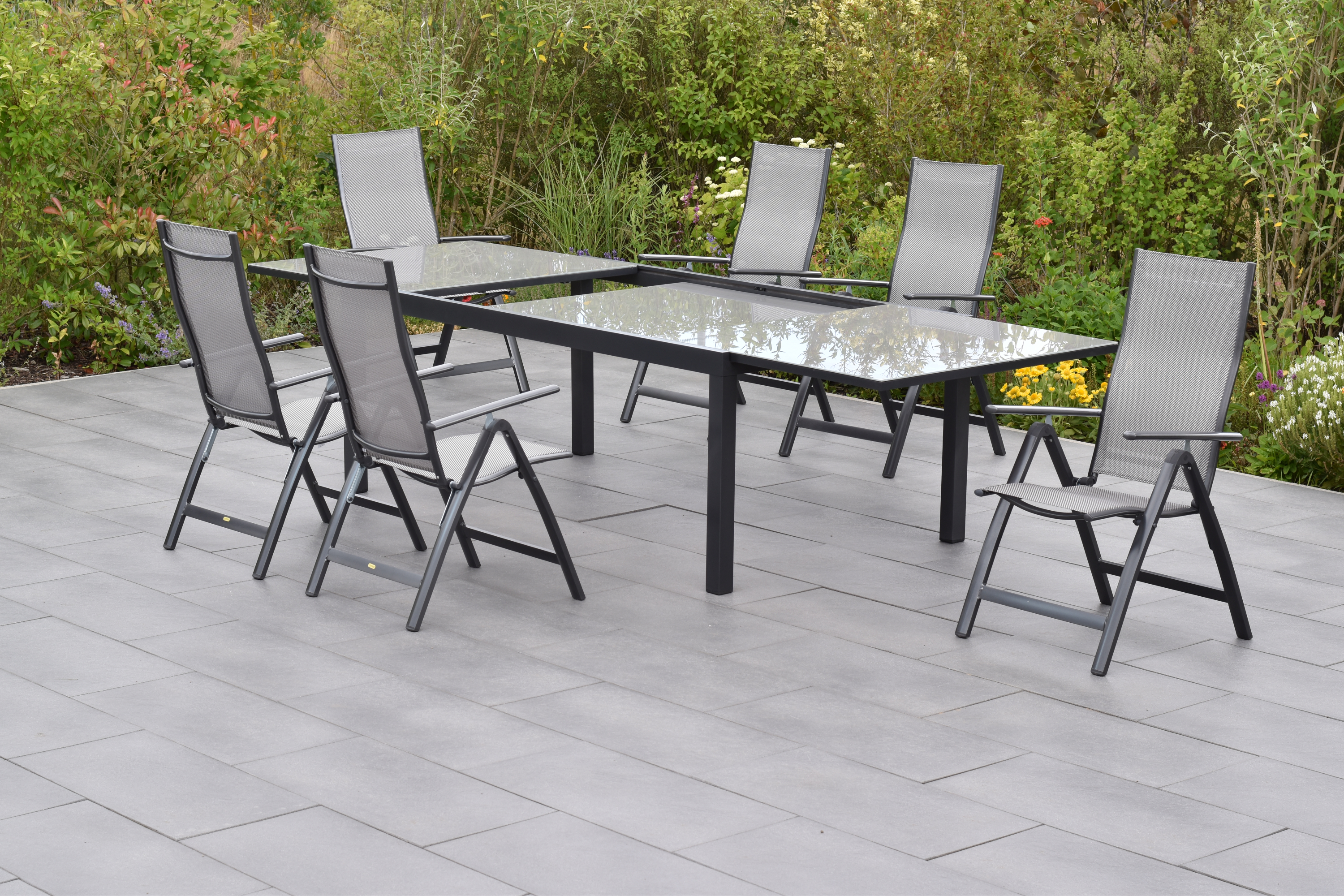 50865-330-3 Carrara Set, 7tlg., 6 Klappsessel, Ausziehtisch 200/300 x 110 cm, diamantbraun