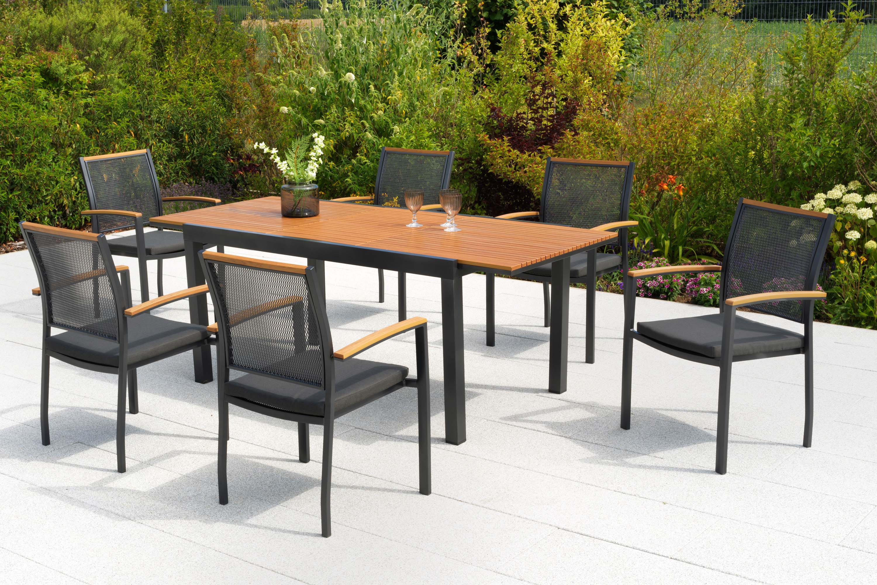 Itanos Set 13tlg., 6 Stapelsessel, Ausziehtisch 150 (200) x 90 cm, inkl. Kissen Itanos Set 13tlg., 6 Stapelsessel, Ausziehtisch 150 (200) x 90 cm, inkl. Kissen