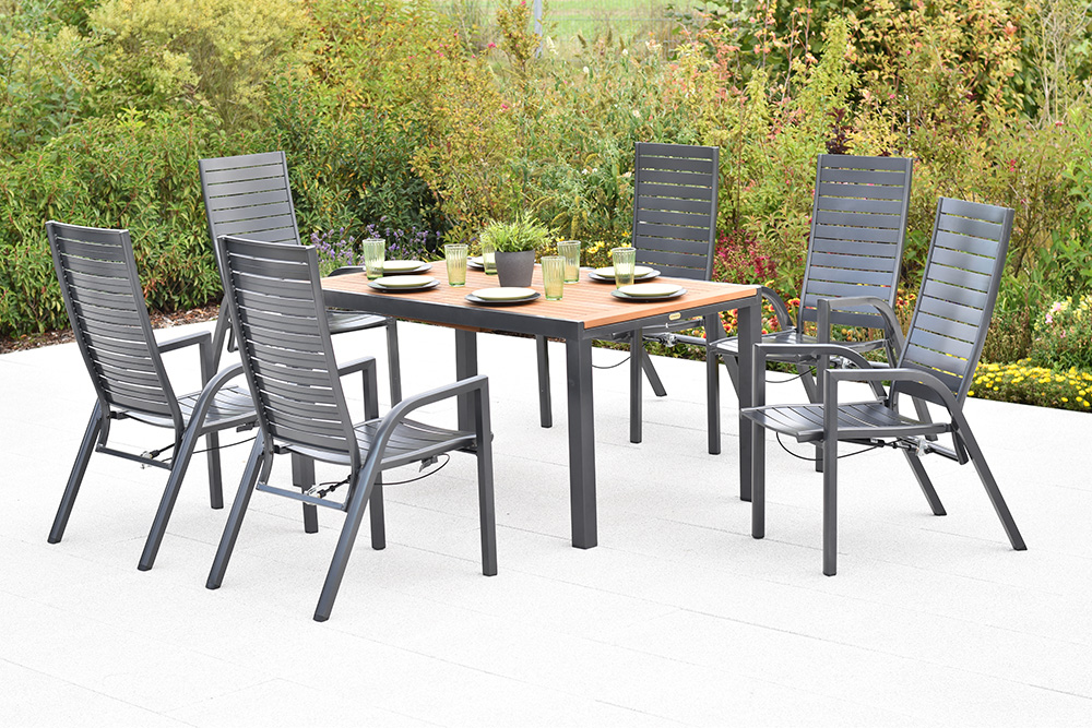 Siros Set, 7tlg., Ausziehtisch, 150/200 x 90 cm, Tischplatte aus Akazienholz Siros Set, 7tlg., Ausziehtisch, 150/200 x 90 cm, Tischplatte aus Akazienholz