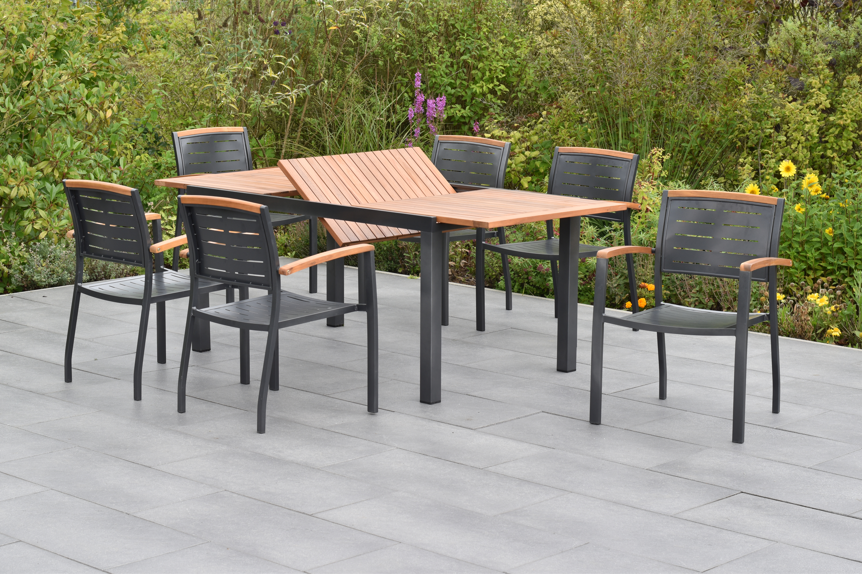 Tinos Set 7tlg., 6 stapelsessel, Ausziehtisch 150/200 x 90 cm