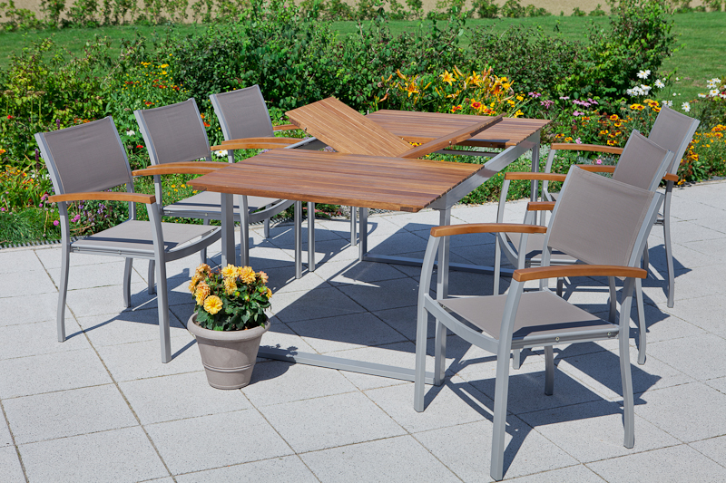 Naxos-Set-7tlg-6x-22000-309-22004-219-3 Naxos Set, 7tlg., 6 Stapelsessel, Ausziehtisch 150/200 x 90 cm, silber
