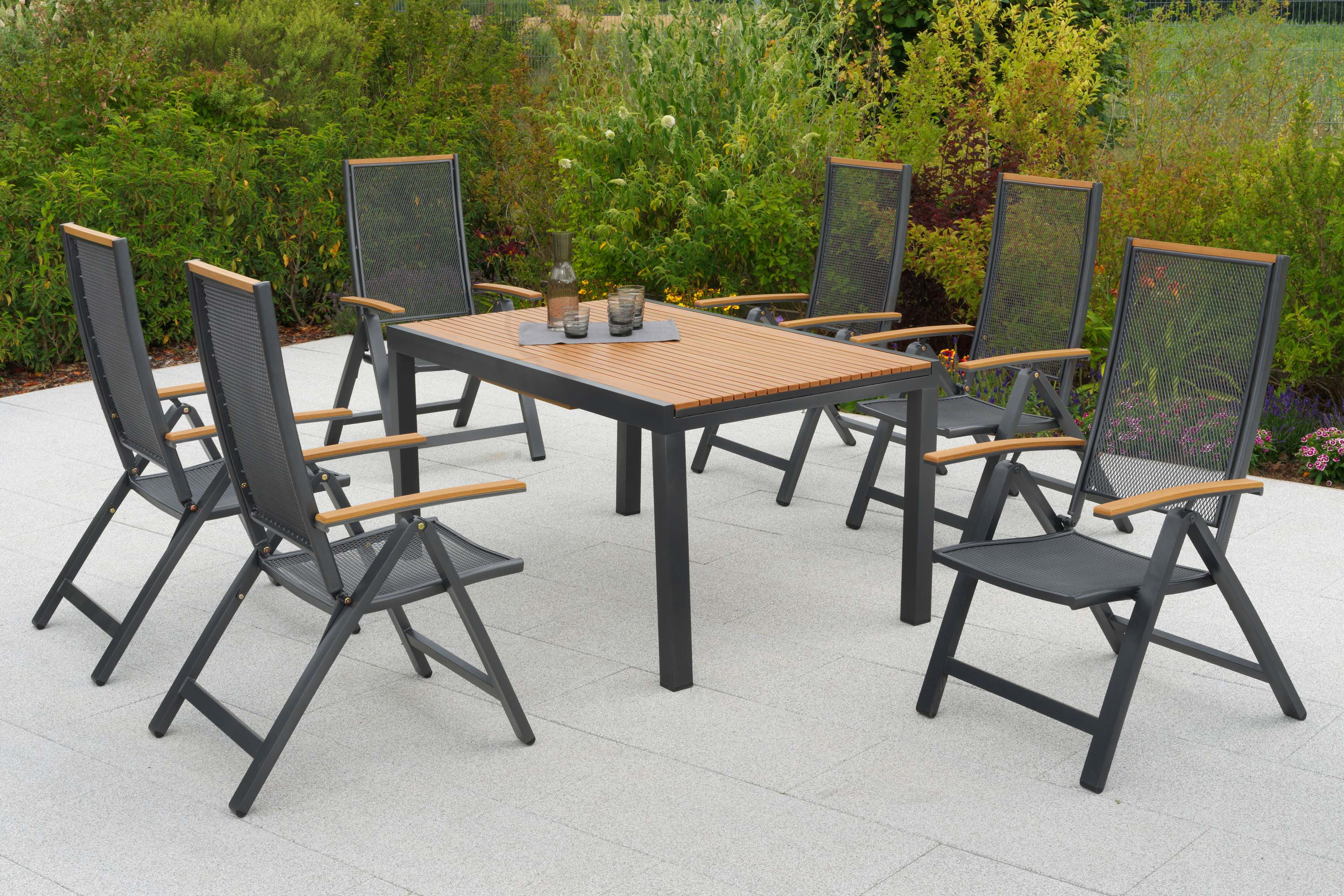 Itanos Set 7tlg., 6 Klappsessel, Ausziehtisch 150 (200) x 90 cm Itanos Set 7tlg., 6 Klappsessel, Ausziehtisch 150 (200) x 90 cm