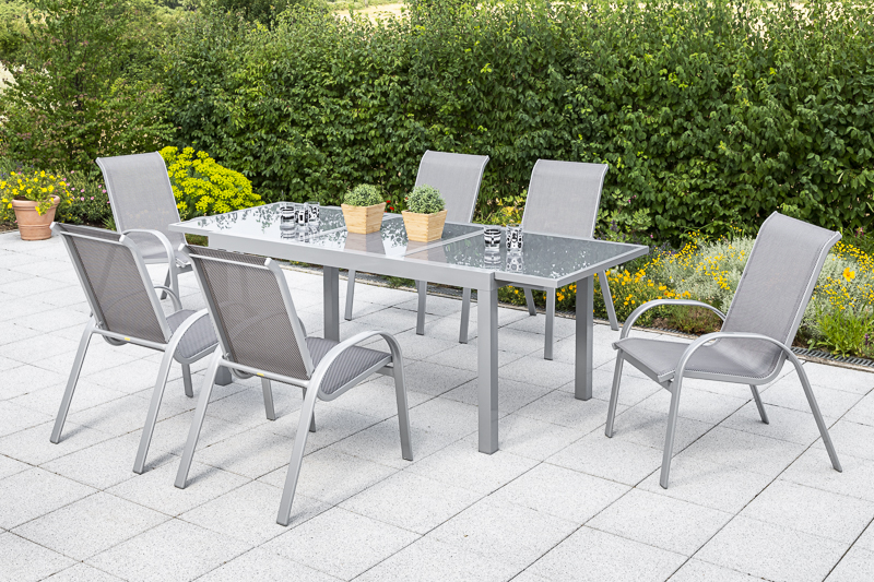 Amalfi-Set-7tlg-6x-26310-330-26452-219-NB-1 Amalfi Set 7 tlg., 6 Stapelsessel, Auszietisch 160 (220) x 90 cm, diamantbraun