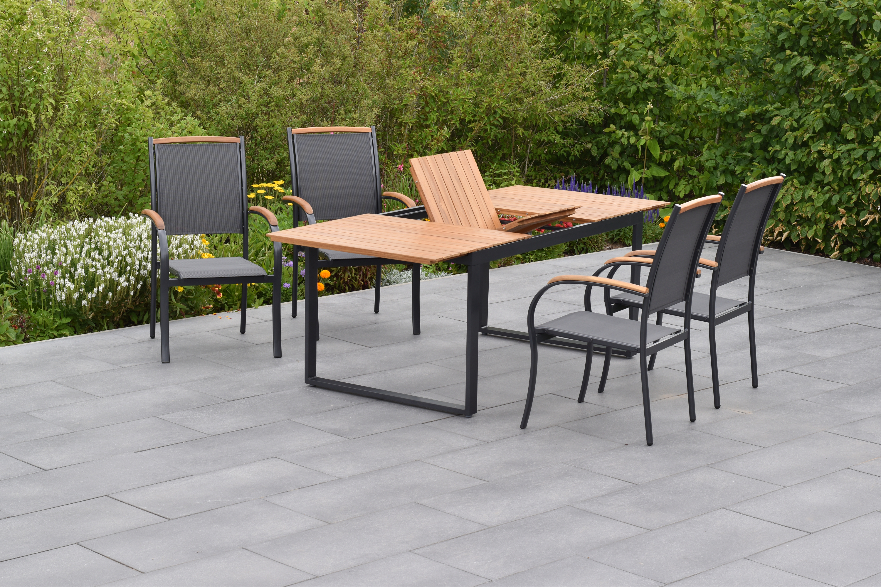 50844-309-2 Siena Set 5tlg., 4 Stapelsessel, Ausziehtisch 150/200 x 90 cm, graphit