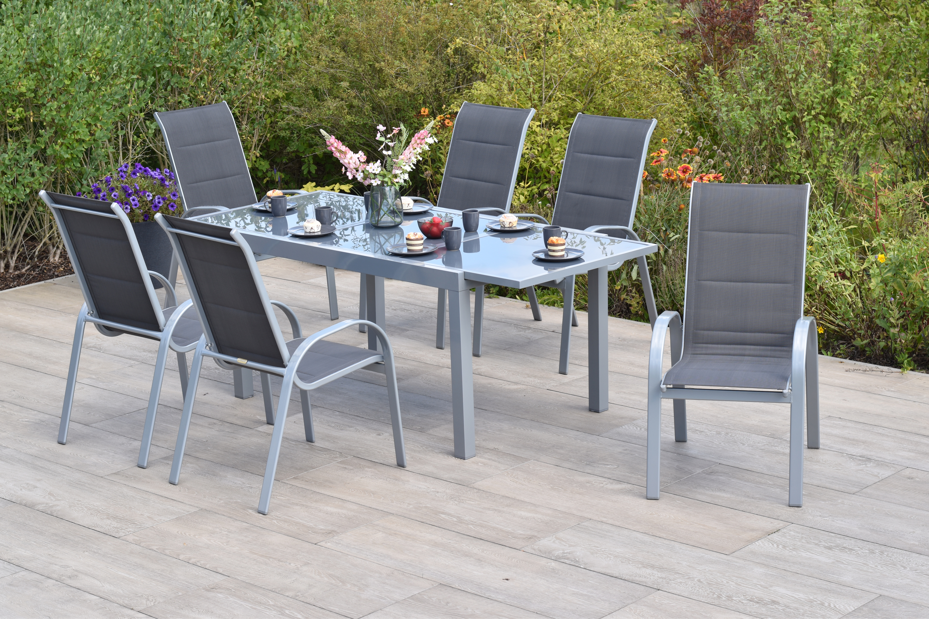 50876-307-2 Amalfi di lusso Set, 7 tlg., 6 Stapelsessel, Ausziehtisch 160/220 x 90 cm, anthrazit