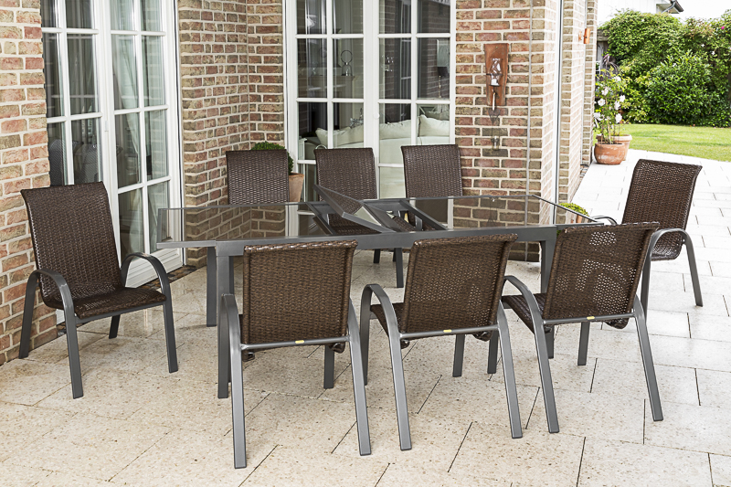 4033662990439-2 Varese Set 9tlg., 8 Stapelsessel, Ausziehtisch 180 (240) x 100 cm