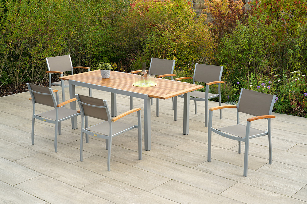 Naxos-Set-7tlg-6x-22000-309-21605-219-SS-3 Naxos Set 7tlg., 6 Stapelsessel, Ausziehtisch 150 (200) x 90 cm, silber
